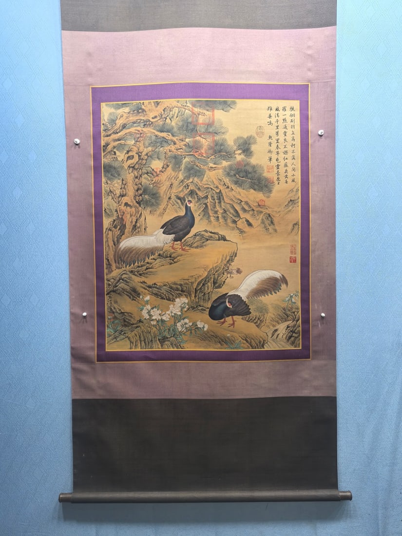 A Chinese Vertical Scroll Ink Painting of Flower and Bird on Silk,Lang Shining: A Chinese Vertical Scroll Ink Painting of Flower and Bird on Silk,Lang Shining,Size:(Without frame)29.3inx37.2in 一幅中国水墨绢本花鸟画