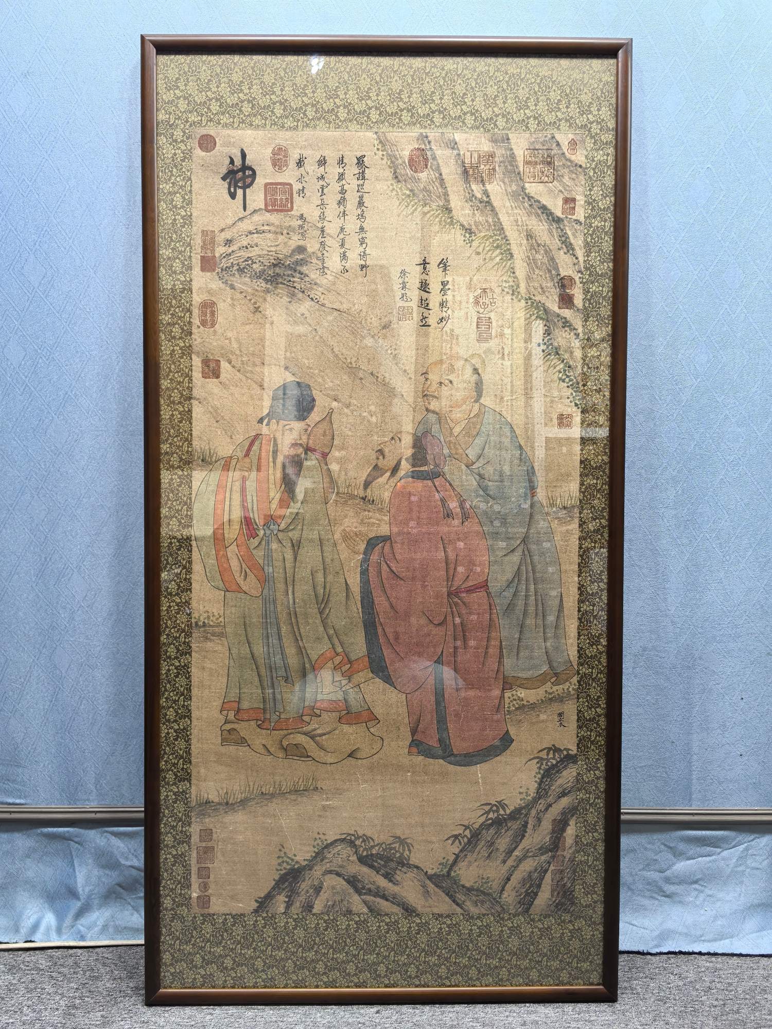 A Chinese Ink Painting of Figure on Paper With Frame,Yan Liben: A Chinese Ink Painting of Figure on Paper With Frame,Yan Liben,Size:30.9inx62in 一幅中国水墨人物画带画框,阎立本