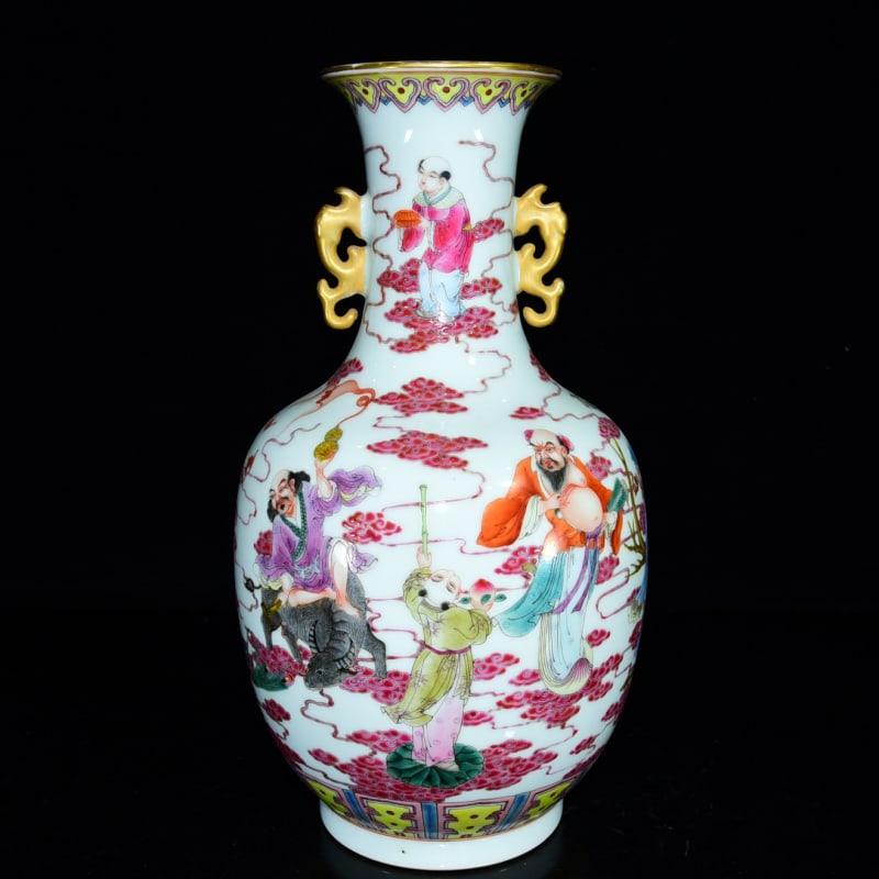 A Rare Famille-Rose Gilt Auspicious Cloud and Figure Pattern Double-Ears Vase: A Rare Famille-Rose Gilt Auspicious Cloud and Figure Pattern Double-Ears Vase,Qing Dynasty, China,Qianlong Six-character Mark,Size:13inx7.1in 粉彩鎏金祥云人&#