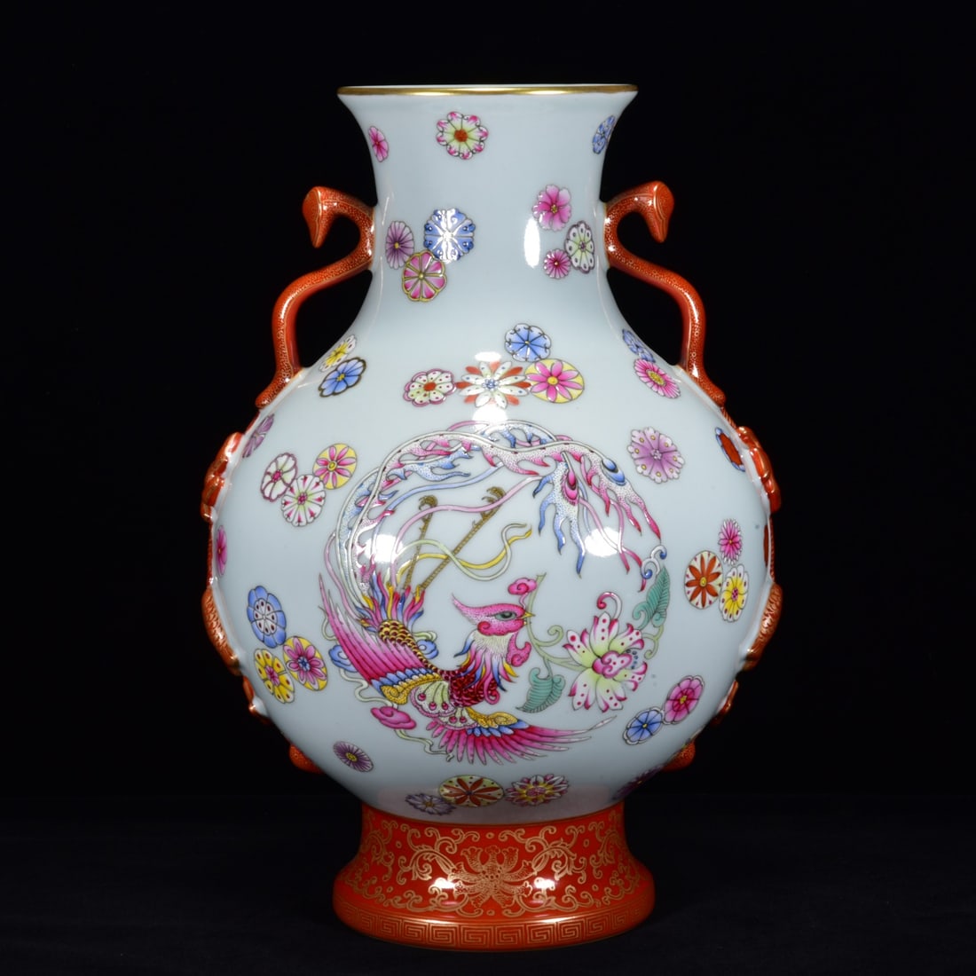 A Rare Famille-Rose Painted Gold Flower and Phoenix Pattern Ruyi-Ears Vase (1 of 9)