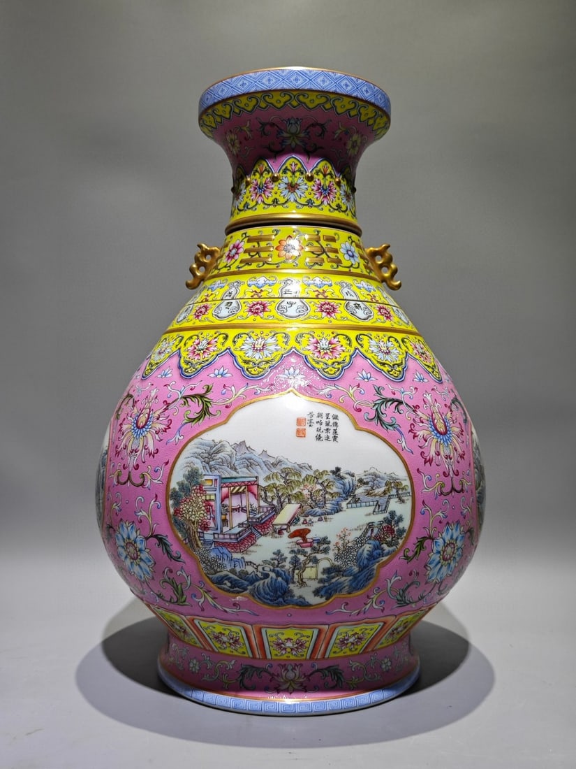 A Huge Enamel Pink Ground Painted Gold Lotus?Landscape and Figure Pattern Double-Ears Vase,With: A Huge Enamel Pink Ground Painted Gold Lotus,Landscape and Figure Pattern Double-Ears Vase,With Poem,Qing Dynasty,China,Qianlong Six-character Mark,Size:19.7inx13.6in 珐琅彩粉&