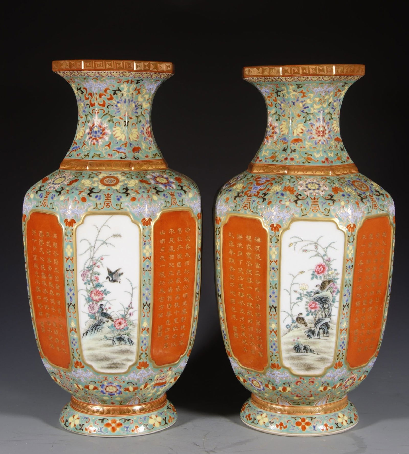A Pair of Huge Enamel Green Ground Painted Gold Flower and Bird Pattern Vases,With Poem: A Pair of Huge Enamel Green Ground Painted Gold Flower and Bird Pattern Vases,With Poem, Qing Dynasty, China,Qianlong Four-character Mark,Size:18.5inx5.7inx5.7in 一对珐琅ঊ