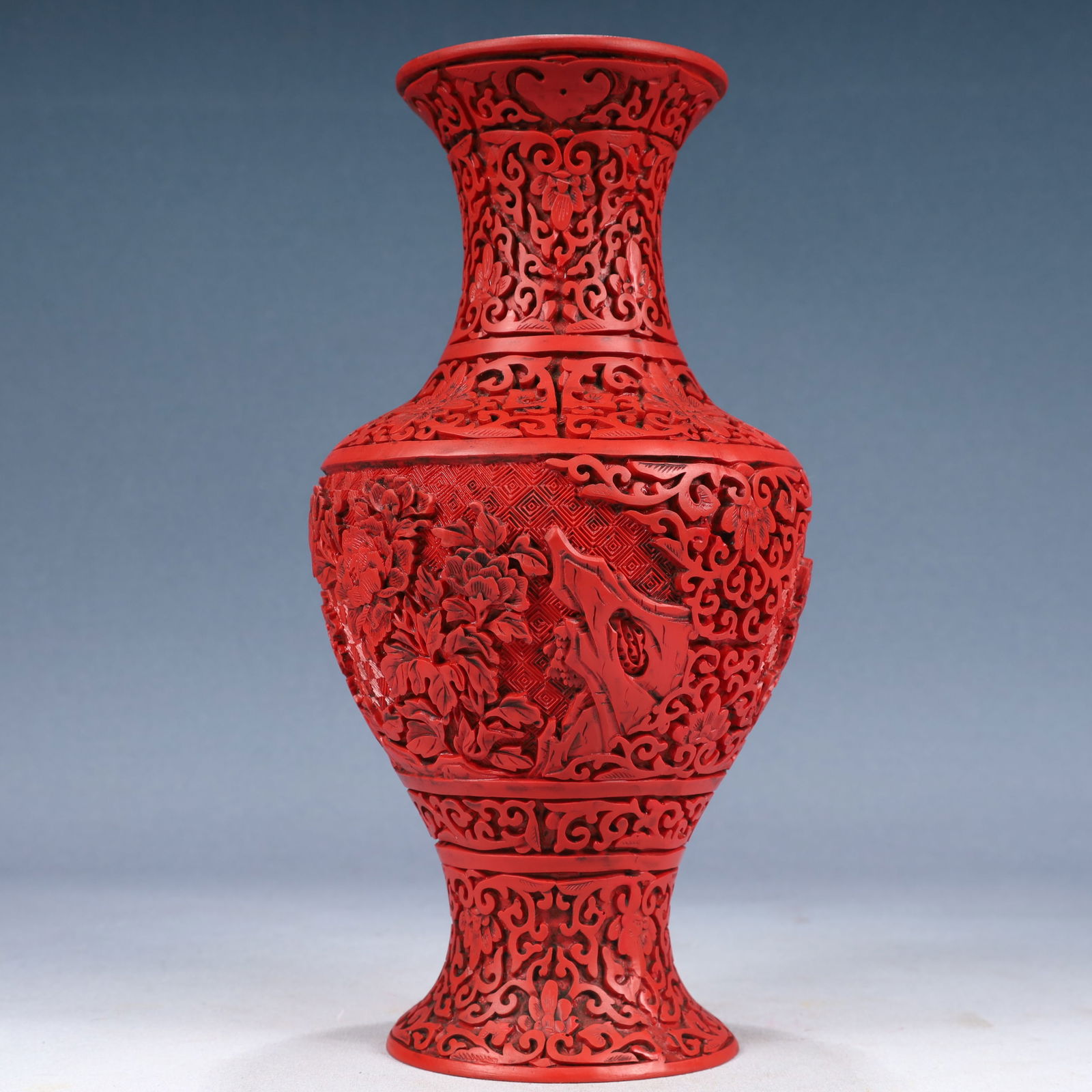 A Rare Carved Red Lacquer Flower Pattern Vase - 4