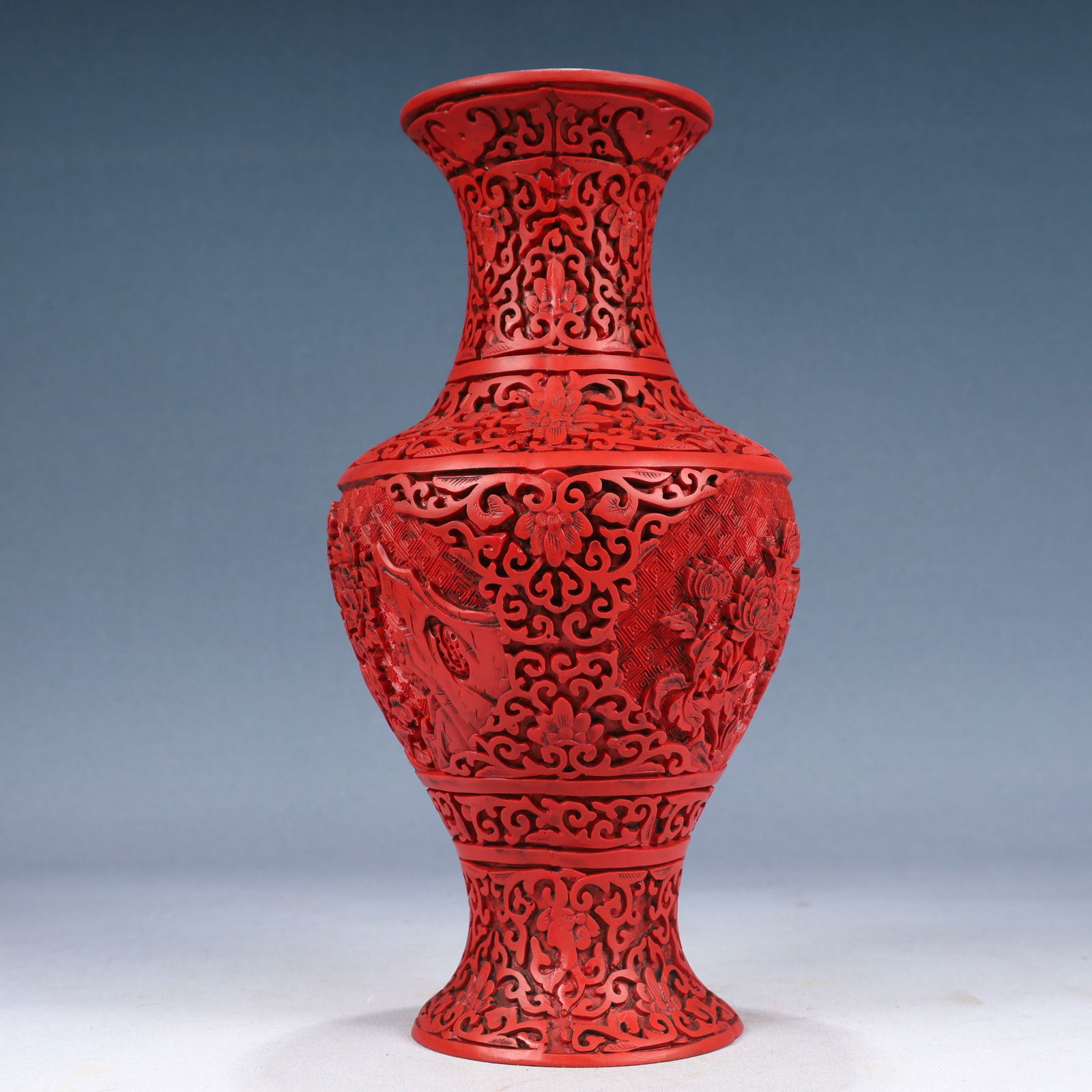 A Rare Carved Red Lacquer Flower Pattern Vase - 5