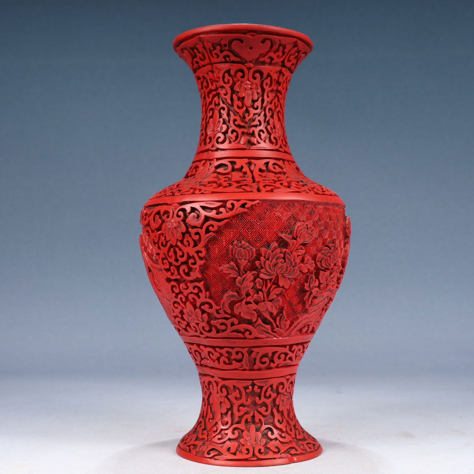 A Rare Carved Red Lacquer Flower Pattern Vase - 6