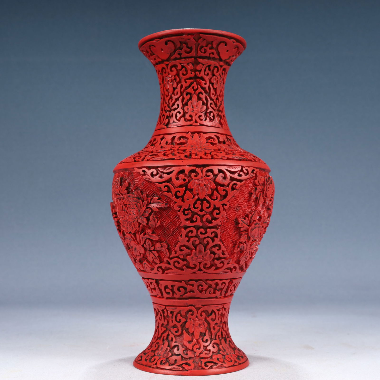 A Rare Carved Red Lacquer Flower Pattern Vase - 8