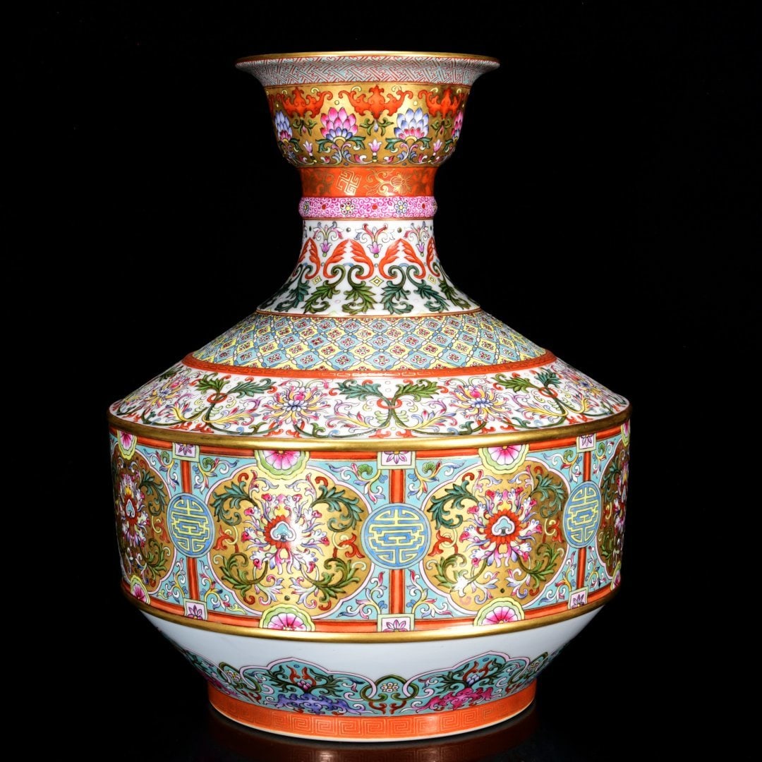 A Rare Famille-Rose Painted Gold Lotus Pattern Vase: A Rare Famille-Rose Painted Gold Lotus Pattern Vase,Qing Dynasty, China,Yongzheng Six-character Mark,Size:12.6inx9.8in 