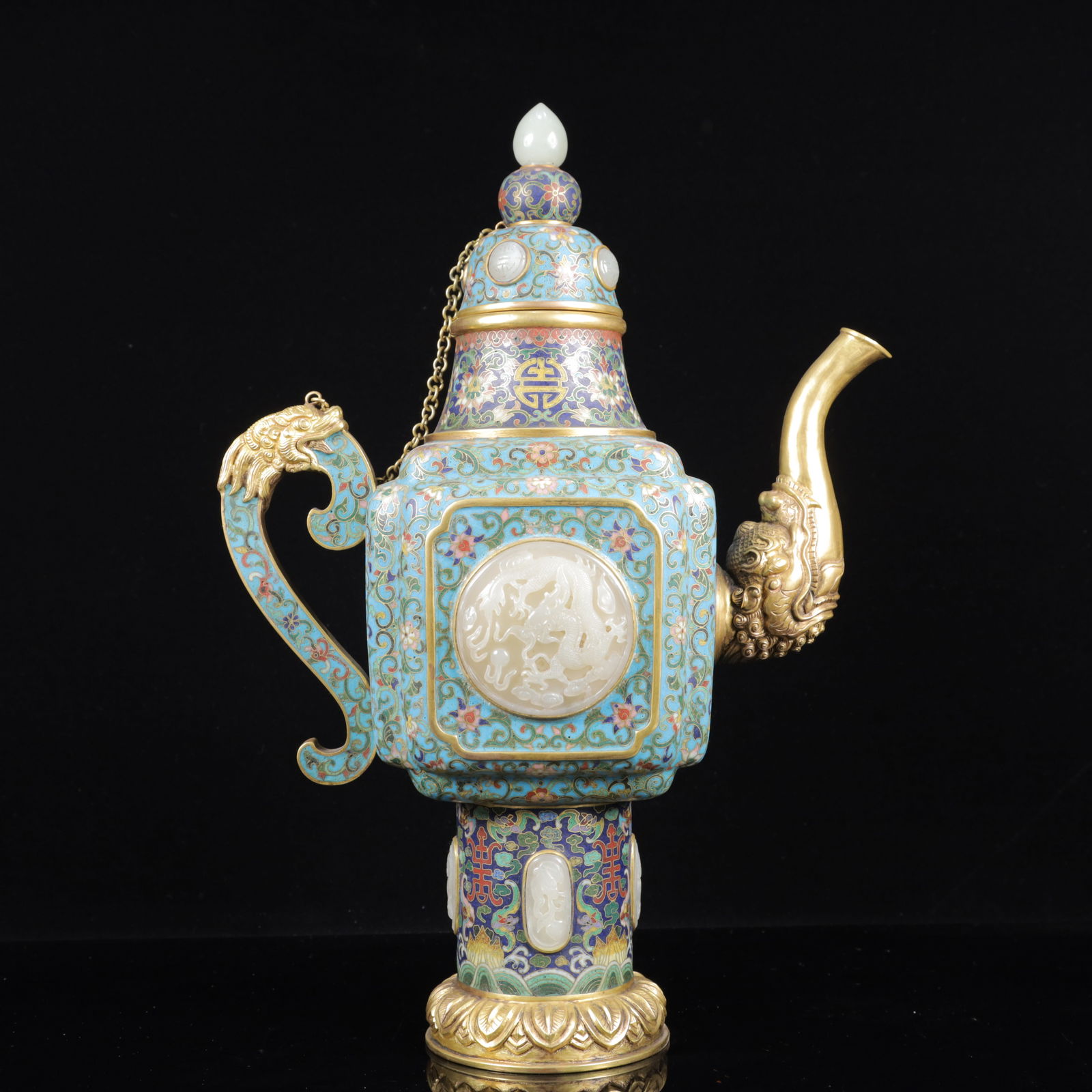 An Exquisite Cloisonne Inlaid White Jade Lotus Pattern Ewer: An Exquisite Cloisonne Inlaid White Jade Lotus Pattern Ewer,Qing Dynasty, China,Qianlong Four-character Mark,Size:16.1inx11.4inx5.9in,Weight:2750g 