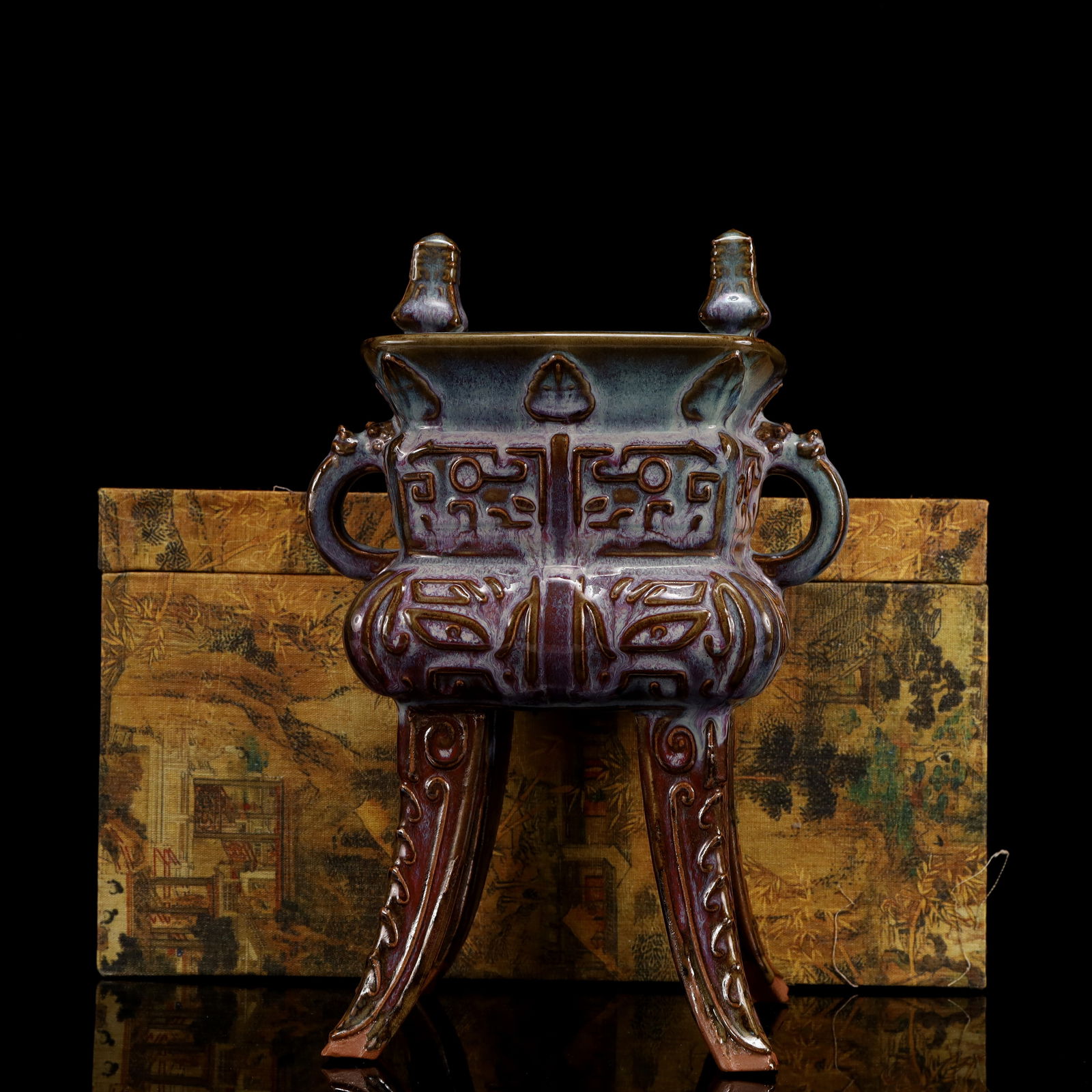 An Exquisite Purple Glazed Double-Ears Four Legs Censer: An Exquisite Purple Glazed Double-Ears Four Legs Censer,Yuan Dynasty, China,Size:7.1inx5.1inx11in 紫釉双耳四足香炉,中国元代