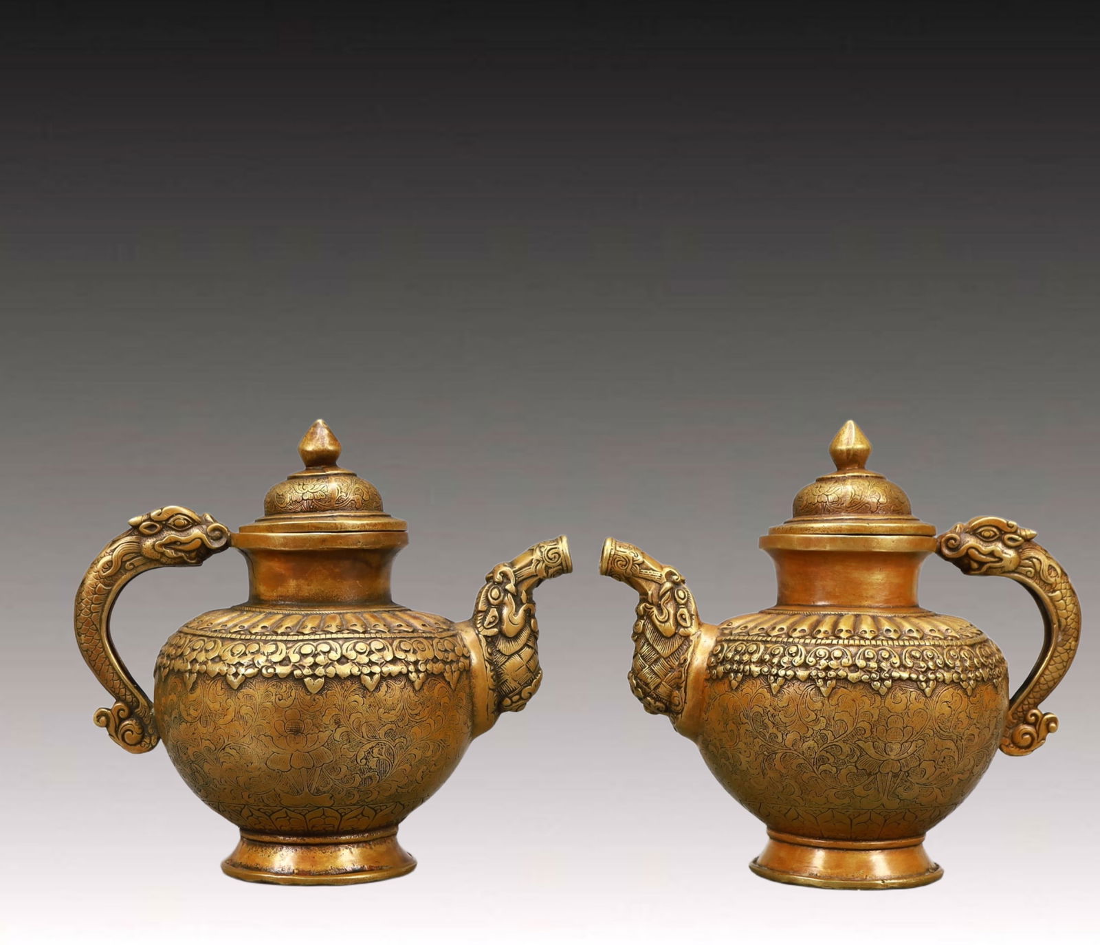 A Pair of Rare Bronze Lotus Pattern Dragon-Handle Ewers (1 of 13)