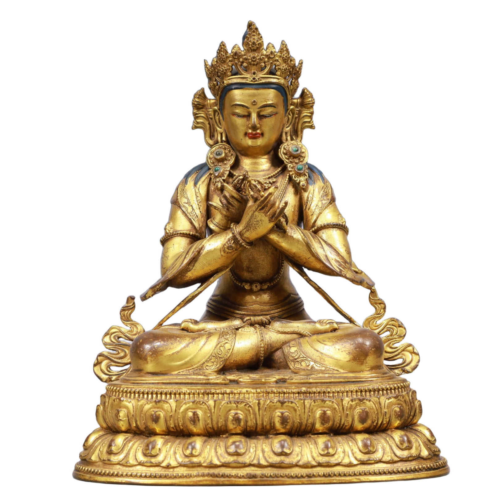 A Solemn Gilt Bronze Statue of Vajrasattva, Inlaid Gems: A Solemn Gilt Bronze Statue of Vajrasattva, Inlaid Gems, Qing Dynasty, China, Qianlong Mark, Size:7.1inx4.7inx9.8in, Weight:1700g 铜鎏金金刚萨陲像,î