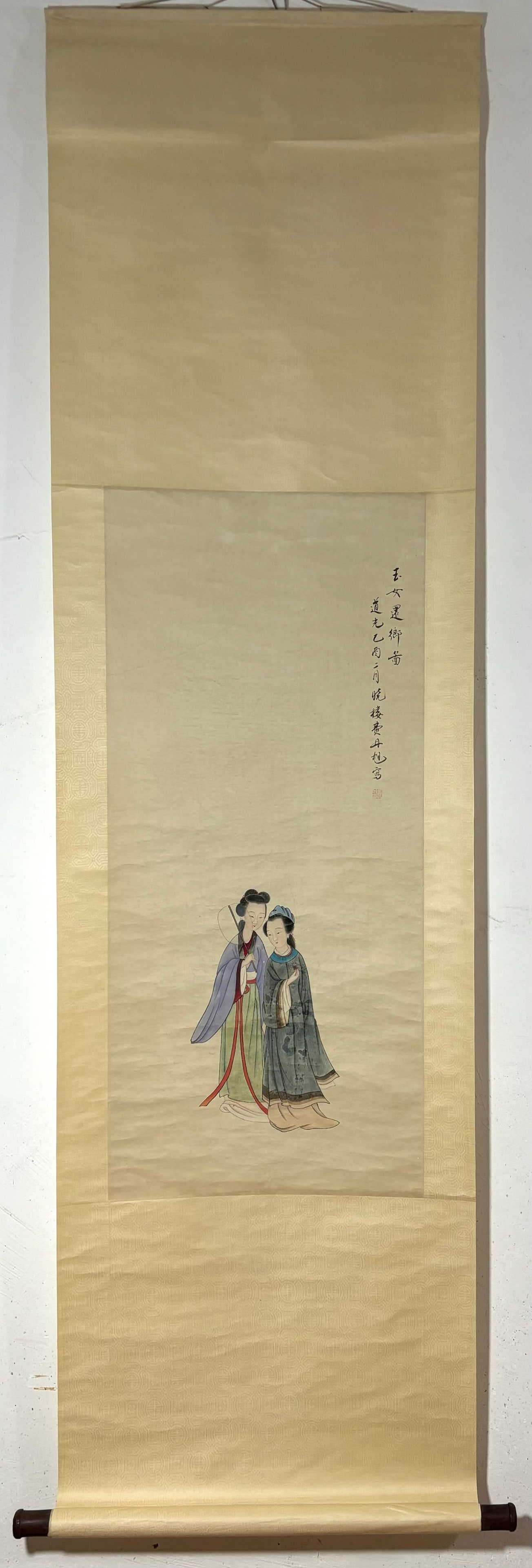 A Chinese Vertical Scroll Ink Painting of Woman on Paper,Fei Danxu: A Chinese Vertical Scroll Ink Painting of Woman on Paper,Fei Danxu,Size:(Without frame)37.4inx16.9in 一幅中国水墨仕女图立轴,费&#