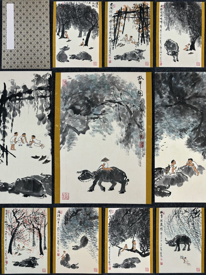 A Chinese Album Ink Painting of Character and Buffalo on Paper,Li Keran (1 of 12)