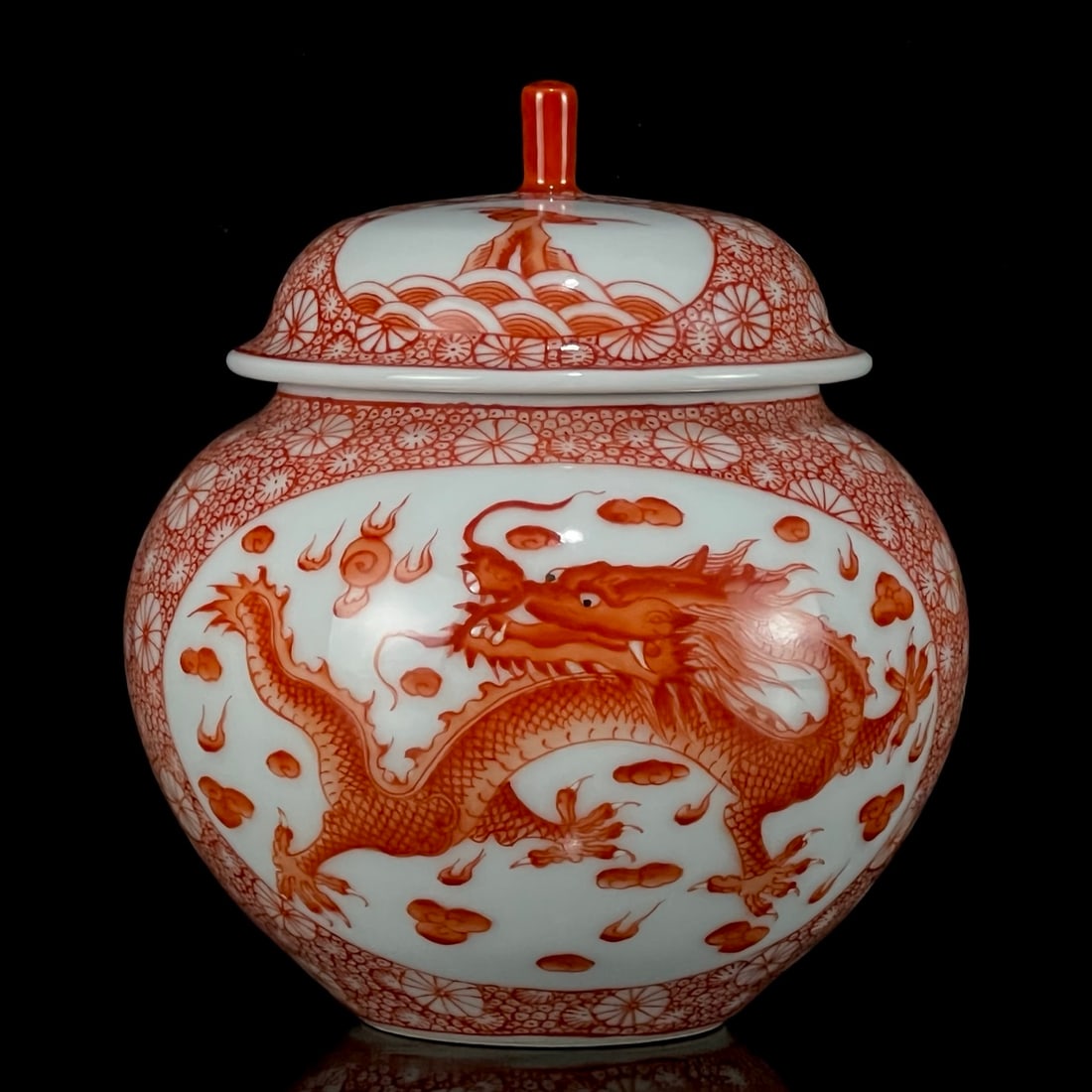 An Exquisite Iron-Red Glazed Auspicious Cloud,Dragon and Phoenix Pattern Cover Jar (1 of 9)