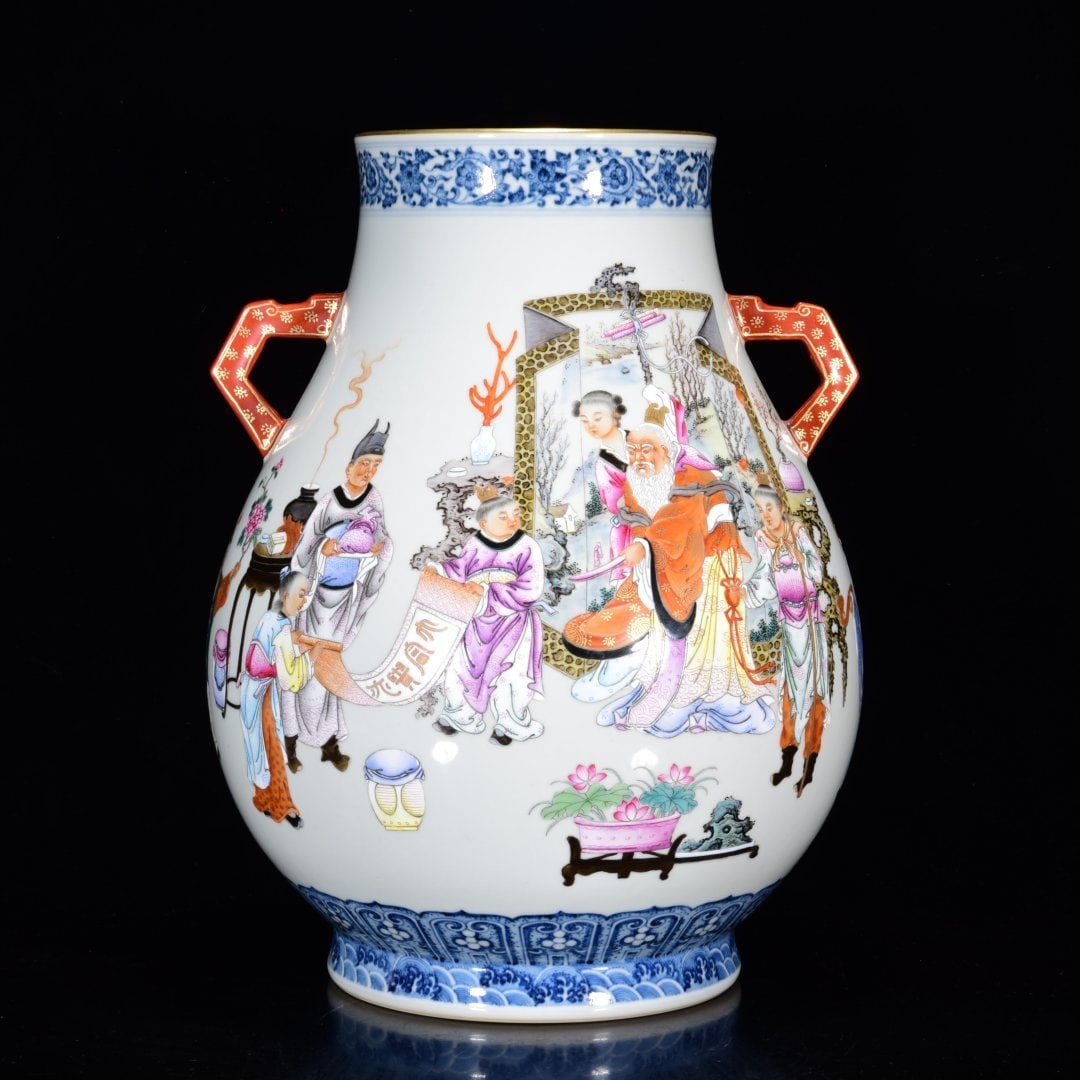 A Rare Famille-Rose Blue and White Painted Gold Figure Pattern Double-Ears Vase,With Poem: A Rare Famille-Rose Blue and White Painted Gold Figure Pattern Double-Ears Vase,With Poem,Qing Dynasty, China,Qianlong Six-character Mark,Size:14.6inx11in 粉彩青花描ŵ