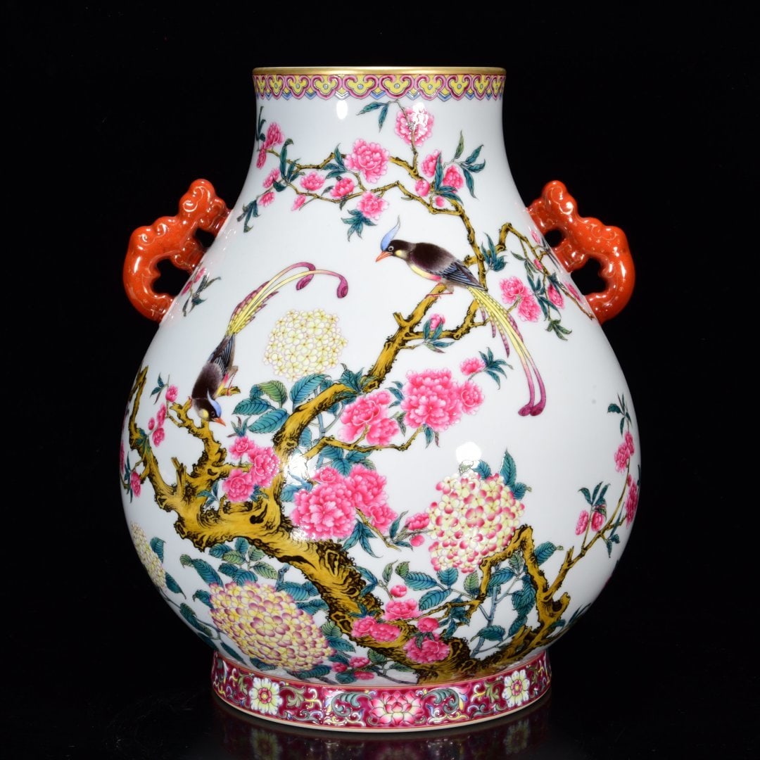 A Rare Famille-Rose Painted Gold Flower and Bird Pattern Double-Ears Vase,With Poem (1 of 9)