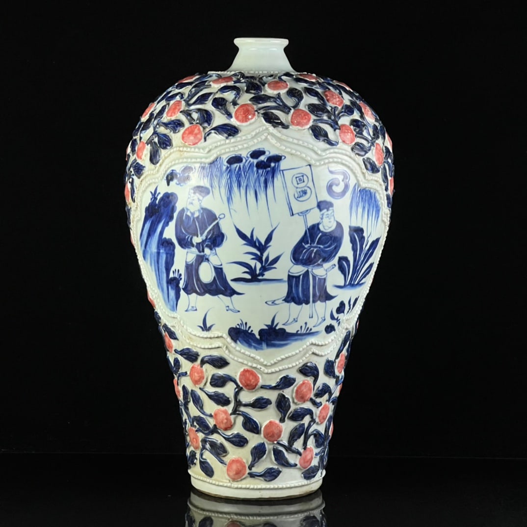 A Huge Blue and White Underglaze-Red Flower,Character and Story Pattern Vase: A Huge Blue and White Underglaze-Red Flower,Character and Story Pattern Vase,Yuan Dynasty, China,Size:17.3inx9.4in 