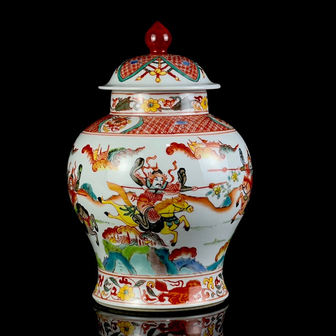 An Exquisite Wucai Character and Story Pattern Cover Jar: An Exquisite Wucai Character and Story Pattern Cover Jar,Qing Dynasty, China,Kangxi Six-character Mark,Size:9.8inx6.3in 