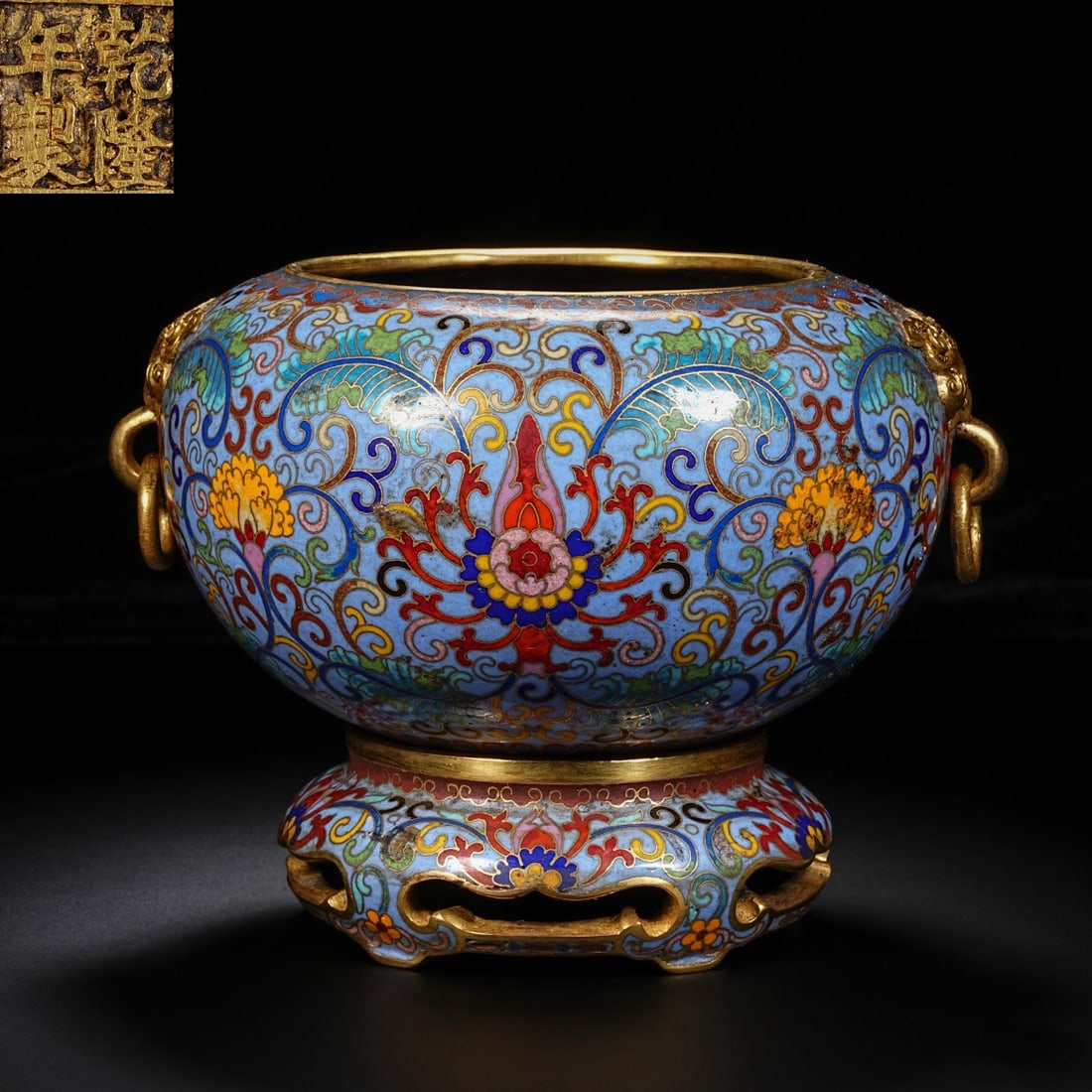 An Exquisite Cloisonne Lotus Pattern Beast-Ears Censer,With Base: An Exquisite Cloisonne Lotus Pattern Beast-Ears Censer,With Base,Qing Dynasty, China,Qianlong Four-character Mark,Size:6.7inx5.1in,Weight:2100g 