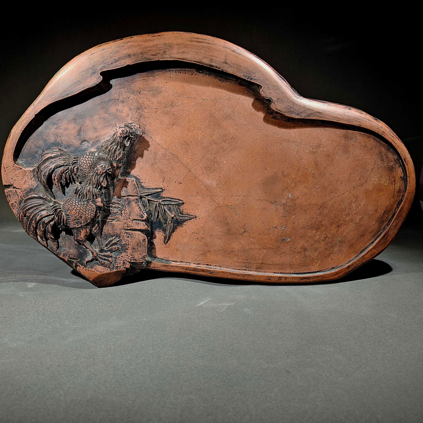 A Huge Rooster Pattern Inkstone,With Poem: A Huge Rooster Pattern Inkstone,With Poem,Qing Dynasty, China,With Mark,Size:18inx10.2inx2in 公鸡纹砚台,带诗文,中国清代,带