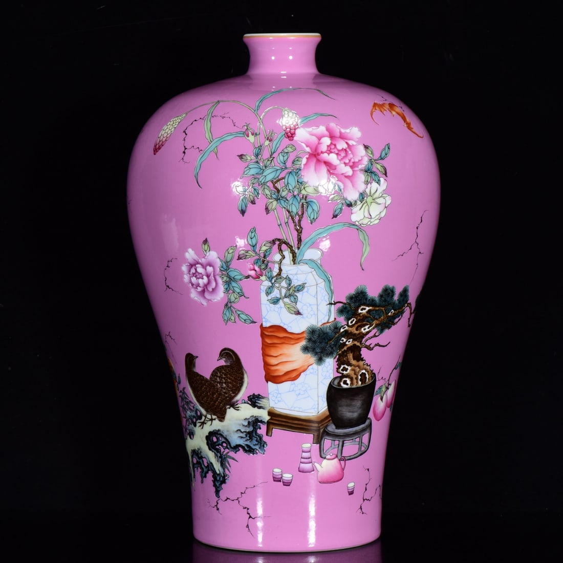 A Rare Pink Ground Famille-Rose Painted Gold Flower and Bird Pattern Vase,With Poem (1 of 9)