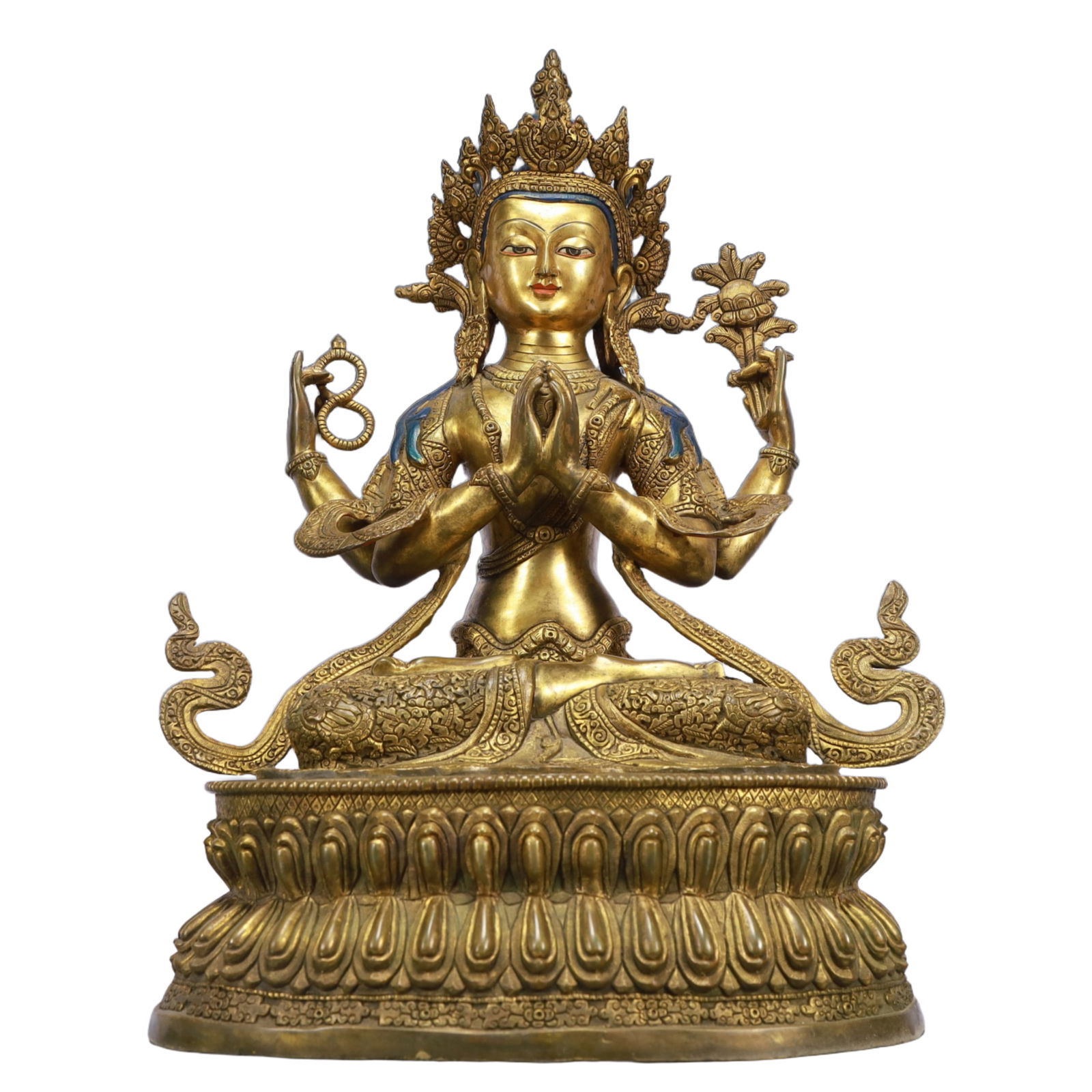 A Solemn Gilt Bronze Statue of Four-Armed Guanyin: A Solemn Gilt Bronze Statue of Four-Armed Guanyin,Ming Dynasty, China,Size:12.6inx10.2inx19.3in,Weight:12800g 铜鎏金四臂观音像,中国明&