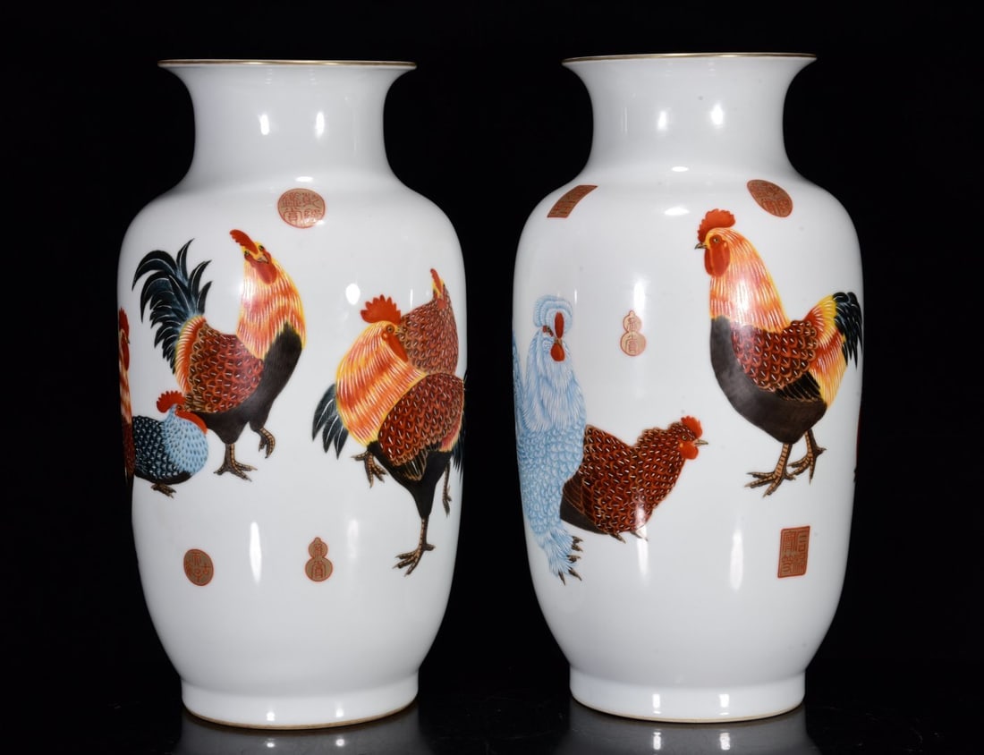 A Pair of Huge Enamel Rooster Pattern Vases,With Poem (1 of 9)