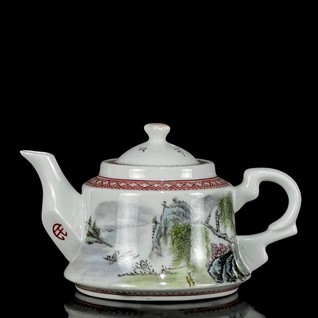 An Exquisite Famille-Rose Landscape Pattern Ewer,With Poem: An Exquisite Famille-Rose Landscape Pattern Ewer,With Poem,Qing Dynasty, China,With Mark,Size:3.7inx6.1in 粉彩山水纹执壶,带诗文,中