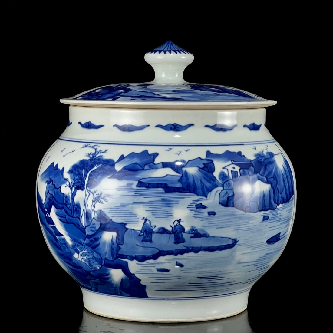 An Exquisite Blue and White Landscape and Figure Pattern Cover Jar: An Exquisite Blue and White Landscape and Figure Pattern Cover Jar,Ming Dynasty, China,Chongzhen Six-character Mark,Size:9.8inx8.7in 