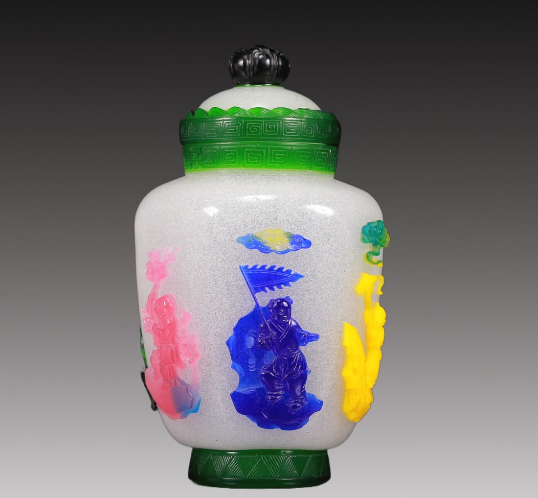 A Multi-Color Overlay White Glass 'Figure' Jar And Cover (1 of 13)