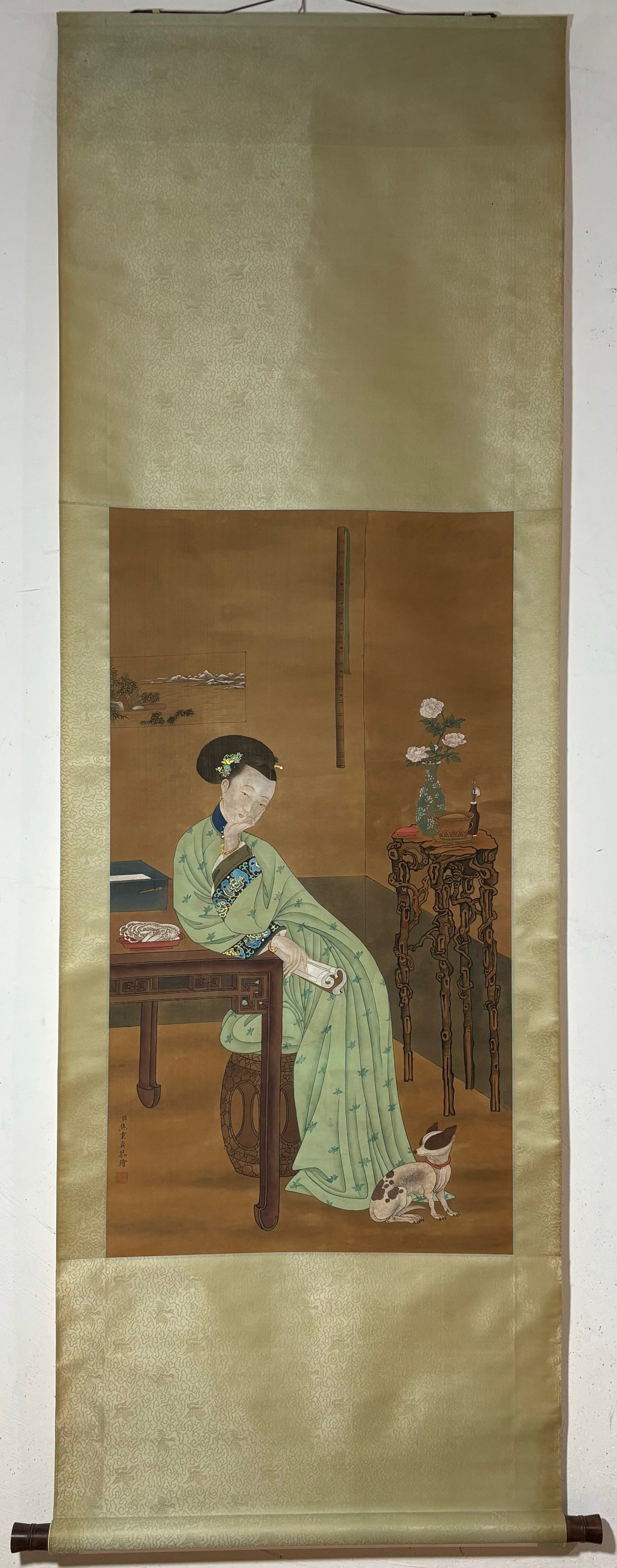 A Chinese Vertical Scroll Ink Painting of Woman on Silk,Jiao Bingzhen: A Chinese Vertical Scroll Ink Painting of Woman on Silk,Jiao Bingzhen,Size:(Without frame)39.4inx21.3in 一幅中国水墨绢本仕女图立