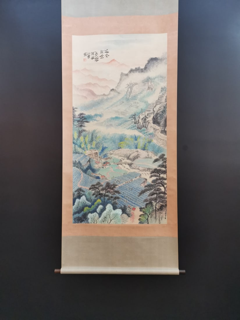 A Chinese Vertical Scroll Ink Painting of Landscape and Figure on Paper,Shi Lu (1 of 9)
