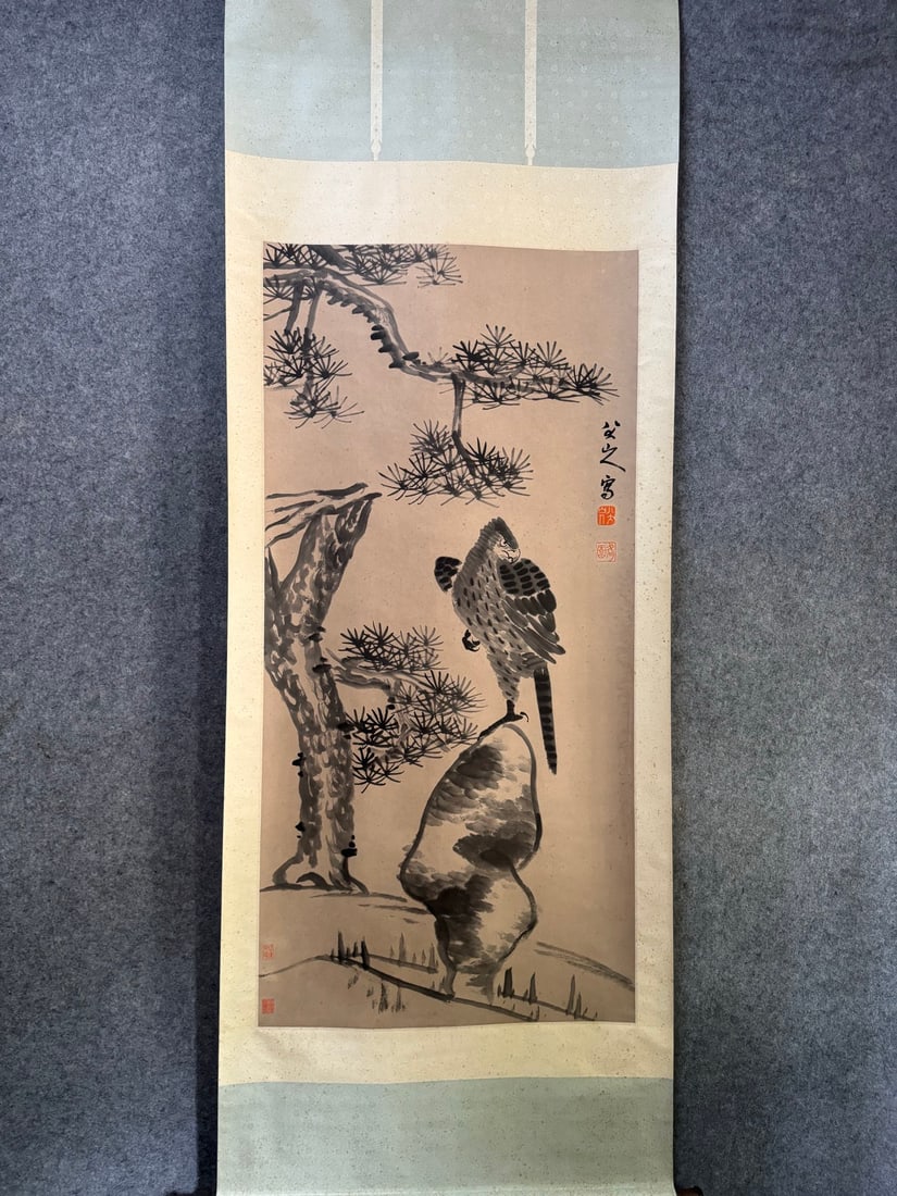 A Chinese Vertical Scroll Ink Painting of Pine and Eagle on Paper,Bada Shanren (1 of 9)