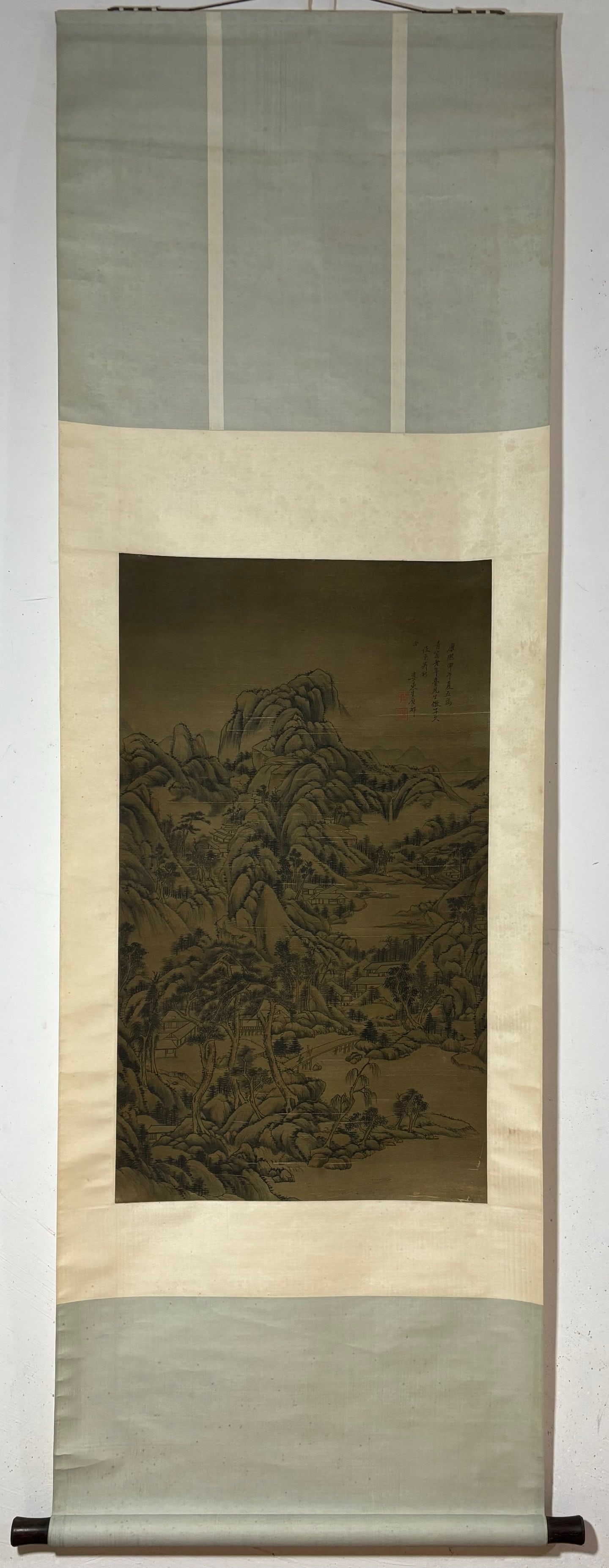 A Chinese Vertical Scroll Ink Painting of Landscape and Figure on Silk,Wang Yuanqi (1 of 9)