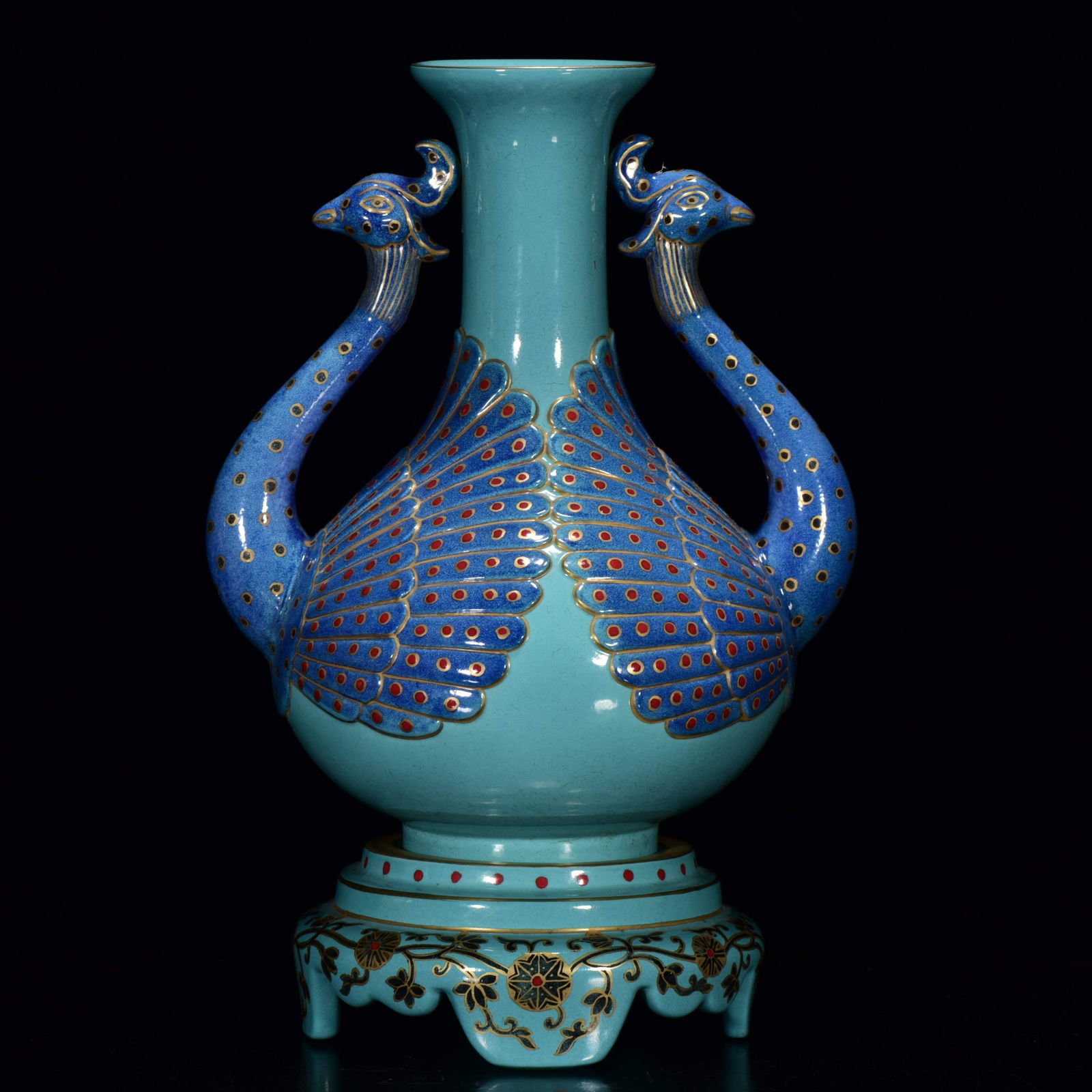 An Exquisite Turquoise Glazed Jiacai Painted Gold Peacock-Ears Vase,With Base (1 of 9)