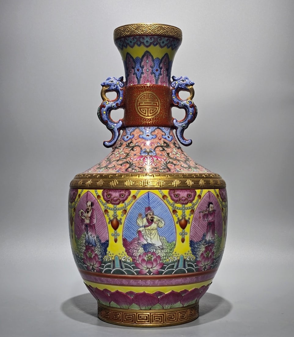 A Rare Famille-Rose Painted Gold Figure Pattern Dragon-Ears Vase,with an Imperial Poem by Emperor (1 of 8)