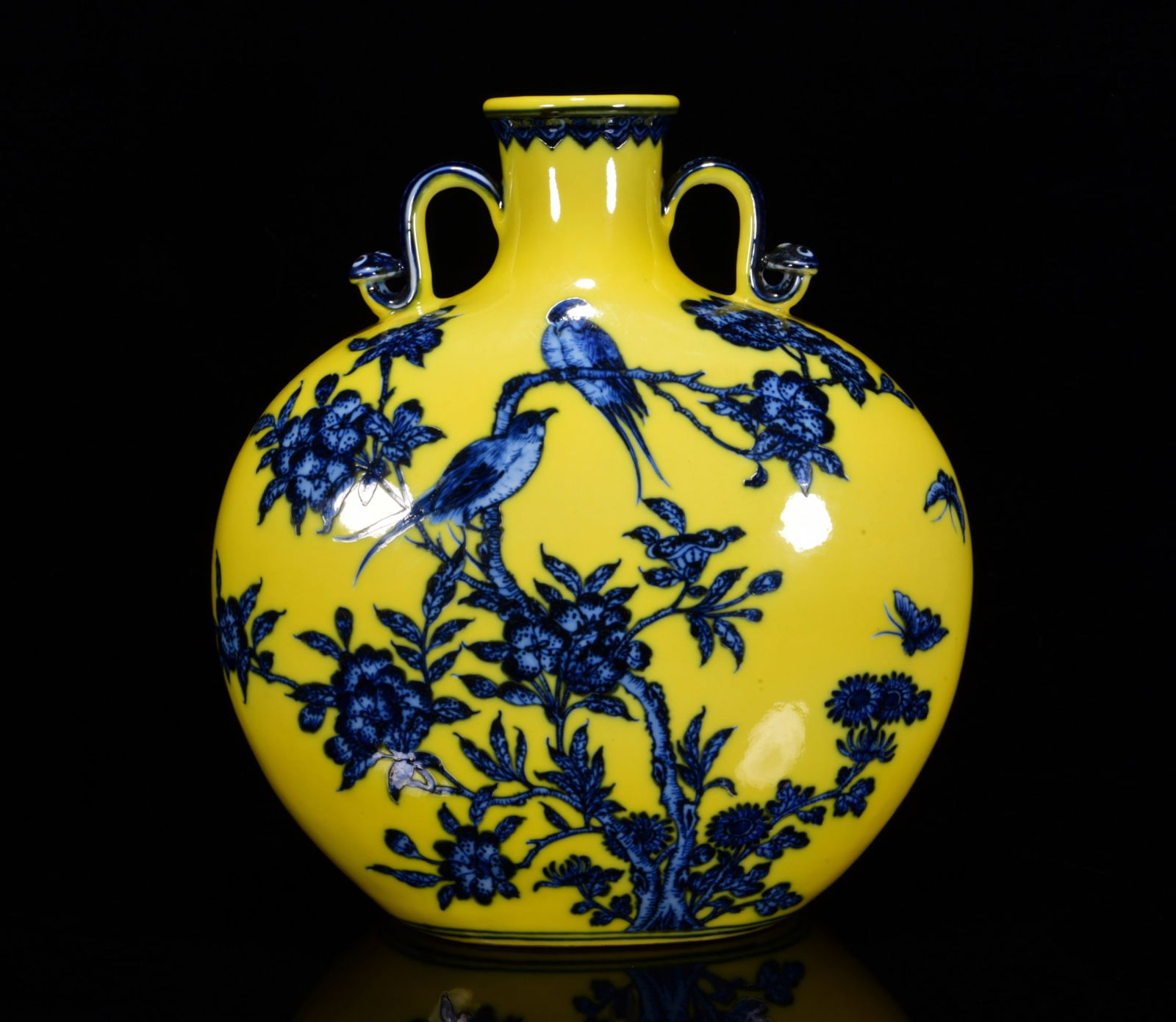 An Exquisite Yellow Glazed Blue and White Flower and Bird Pattern Ruyi-Ears Vase: An Exquisite Yellow Glazed Blue and White Flower and Bird Pattern Ruyi-Ears Vase,Qing Dynasty, China,Qianlong Six-character Mark,Size:11inx10.2in 黄釉青花花鸟ಬ