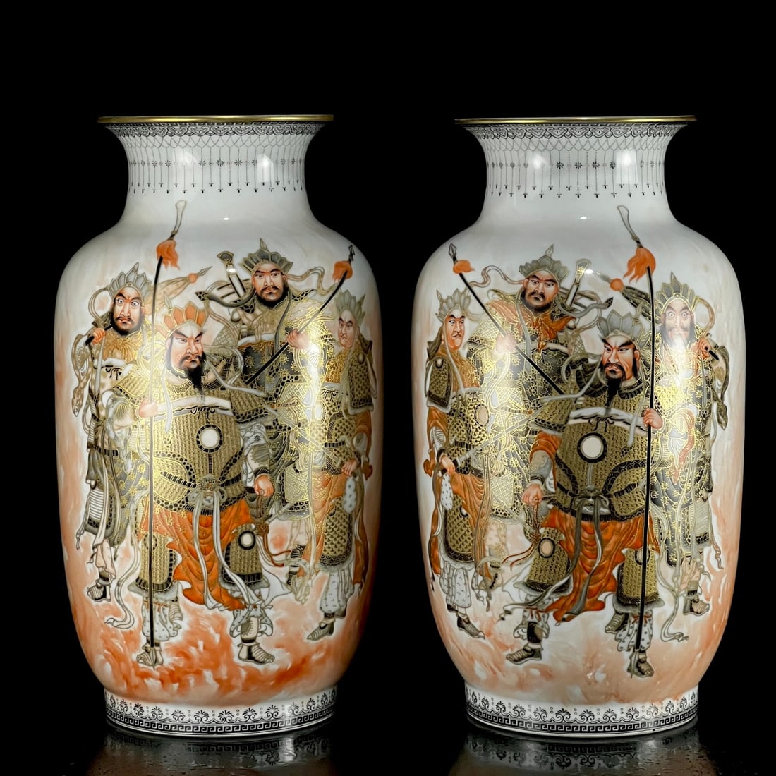 A Pair of Huge Famille-Rose Painted Gold Heavenly King Pattern Vases,With Poem: A Pair of Huge Famille-Rose Painted Gold Heavenly King Pattern Vases,With Poem,Qing Dynasty, China,With Mark,Size:15.7inx7.9in 一对粉彩描金天王像&
