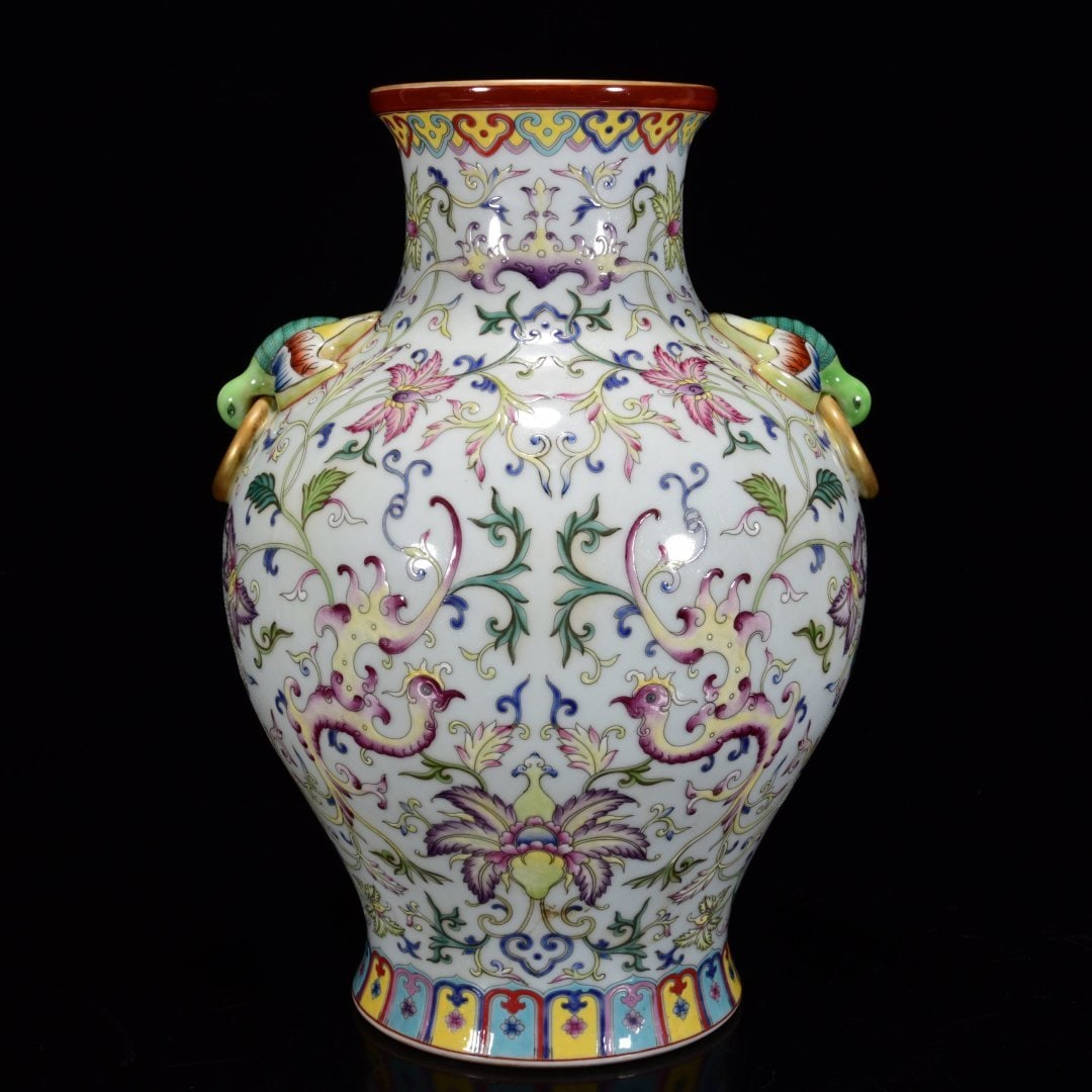 A Rare Enamel Painted Gold Lotus and Phoenix Pattern Bats-Ears Vase: A Rare Enamel Painted Gold Lotus and Phoenix Pattern Bats-Ears Vase,Qing Dynasty, China,Qianlong Six-character Mark,Size:14.2inx9.1in 珐琅彩描金缠枝莲&#