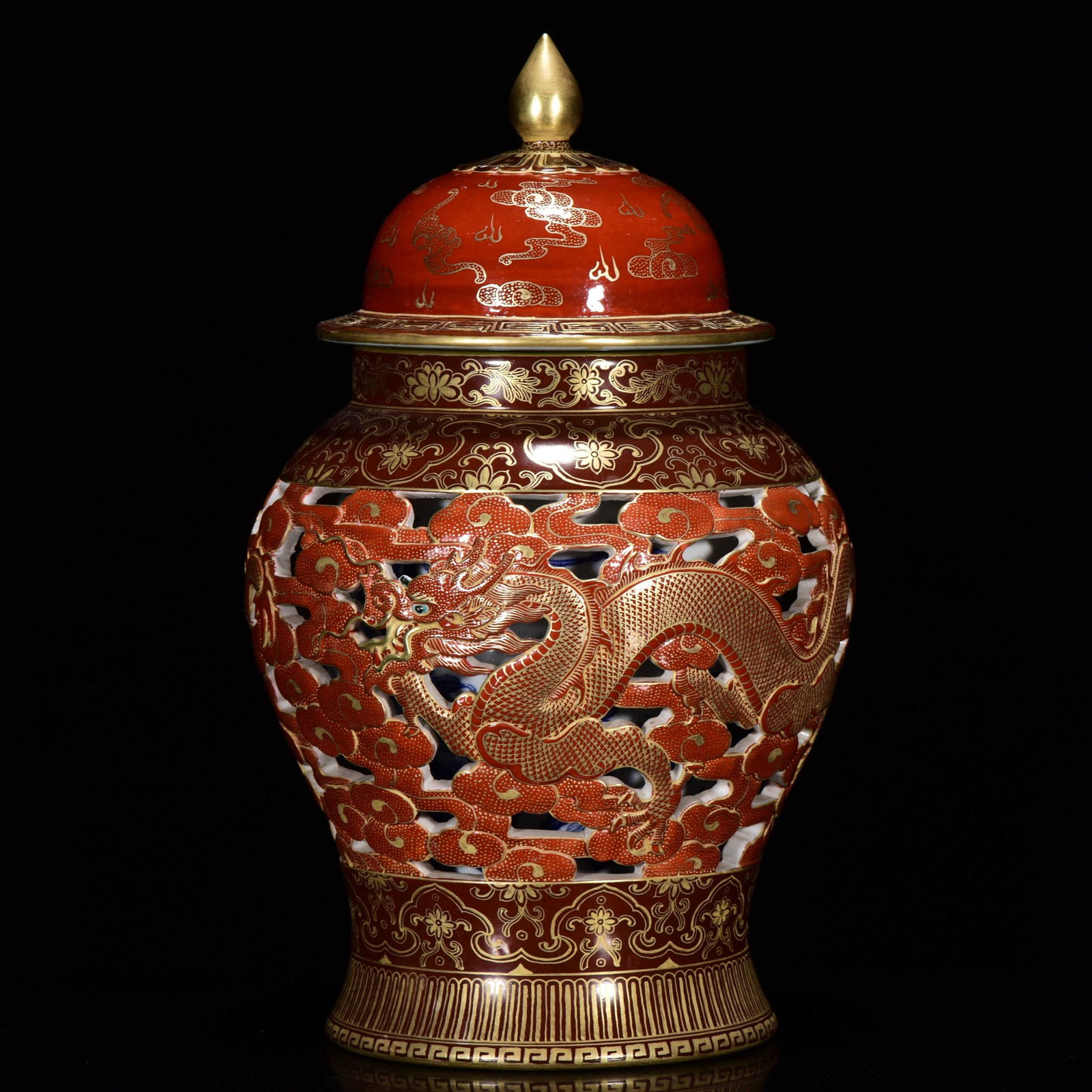 A Rare Iron-Red Glazed Gilt Hollow Auspicious Cloud and Dragon Pattern Cover Jar (1 of 9)