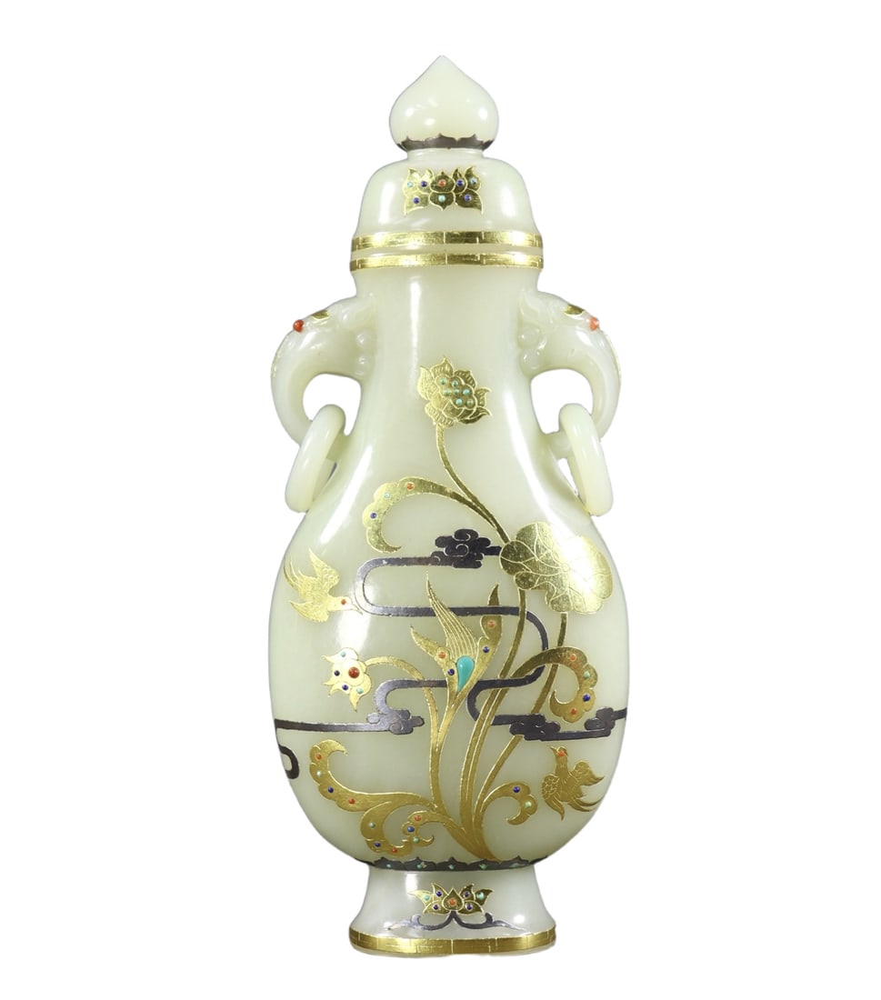An Exquisite White Jade Inlaid Gold and Silver Flower and Bird Pattern Double-Ears Bottle,Inlaid: An Exquisite White Jade Inlaid Gold and Silver Flower and Bird Pattern Double-Ears Bottle,Inlaid Gems,Qing Dynasty,China,Size:9.4inx3.5inx2in,Weight:598g 