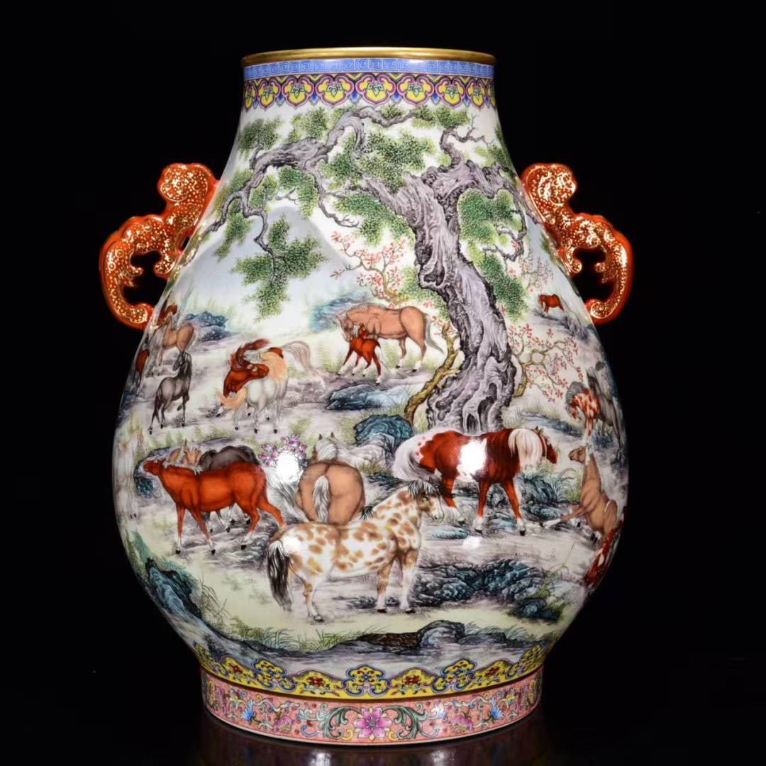A Huge Enamel Painted Gold Landscape and Horse Pattern Double-Ears Vase: A Huge Enamel Painted Gold Landscape and Horse Pattern Double-Ears Vase,Qing Dynasty, China,Qianlong Six-character Mark,Size:16.5inx12.6in 