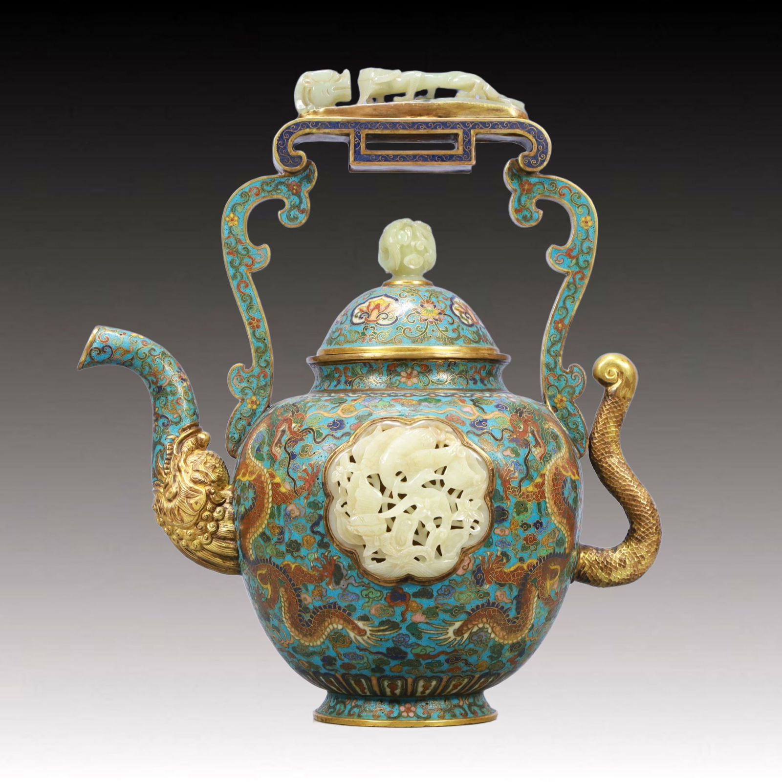 A Rare Cloisonne Inlaid White Jade Auspicious Cloud and Dragon Pattern Ewer: A Rare Cloisonne Inlaid White Jade Auspicious Cloud and Dragon Pattern Ewer,Qing Dynasty, China,Qianlong Four-character Mark,Size:12.2inx7.1inx13.4in,Weight:2950g 景泰蓝嵌į