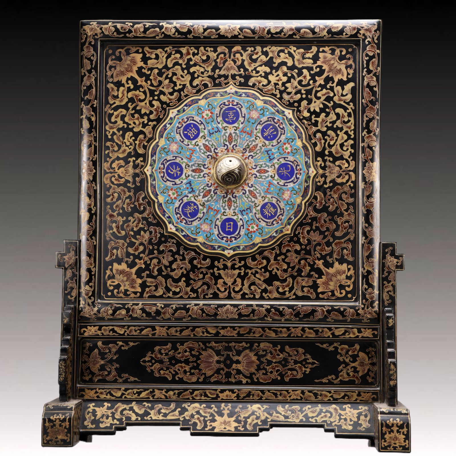 A Exquisite Carved Red Lacquer Inlaid Cloisonne Landscape and Figure Pattern Screen: A Exquisite Carved Red Lacquer Inlaid Cloisonne Landscape and Figure Pattern Screen , Qing Dynasty, China Qianlong Six-character Mark , Size:20.5inx6.5inx25in Weight:4850g 