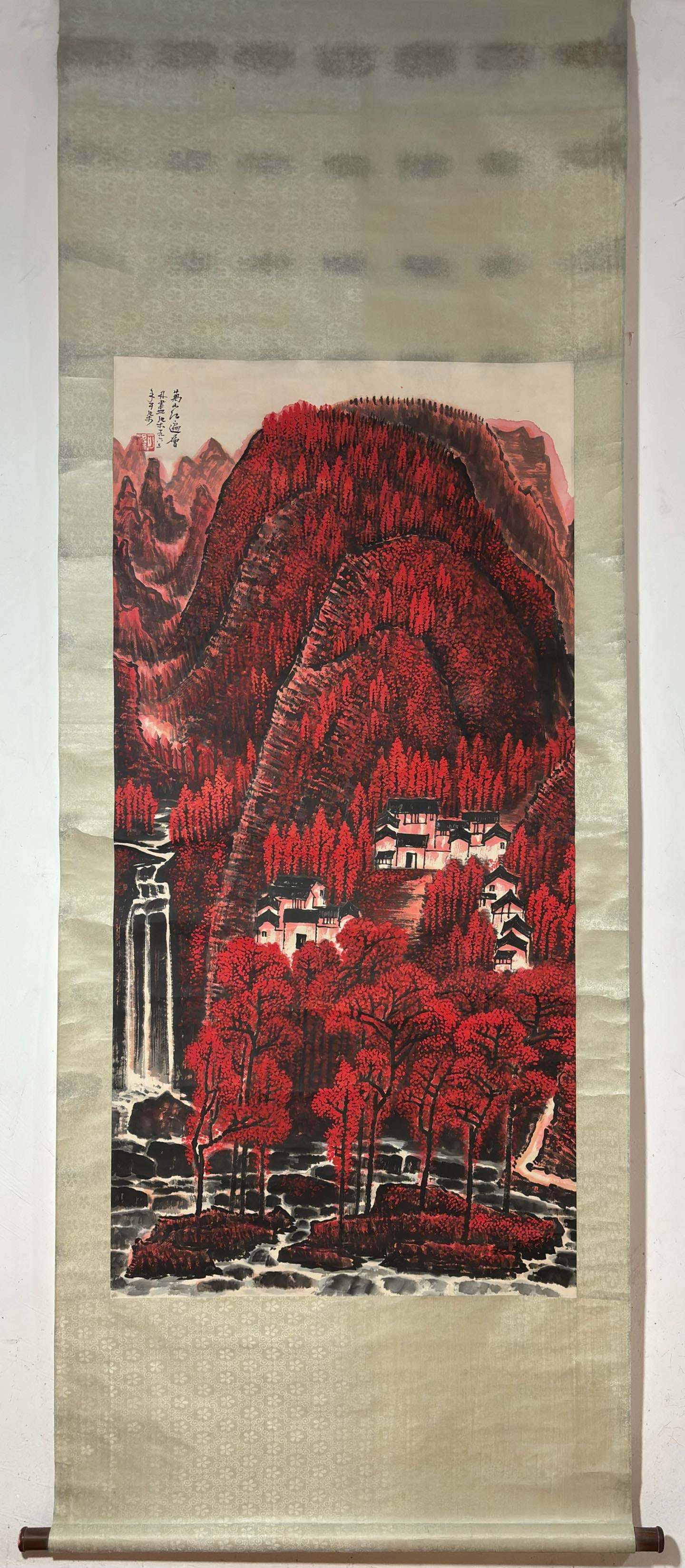 A Chinese Vertical Scroll Ink Painting of Landscape on Paper,Li Keran: A Chinese Vertical Scroll Ink Painting of Landscape on Paper,Li Keran,Size:(Without frame)53.1inx26.2in 