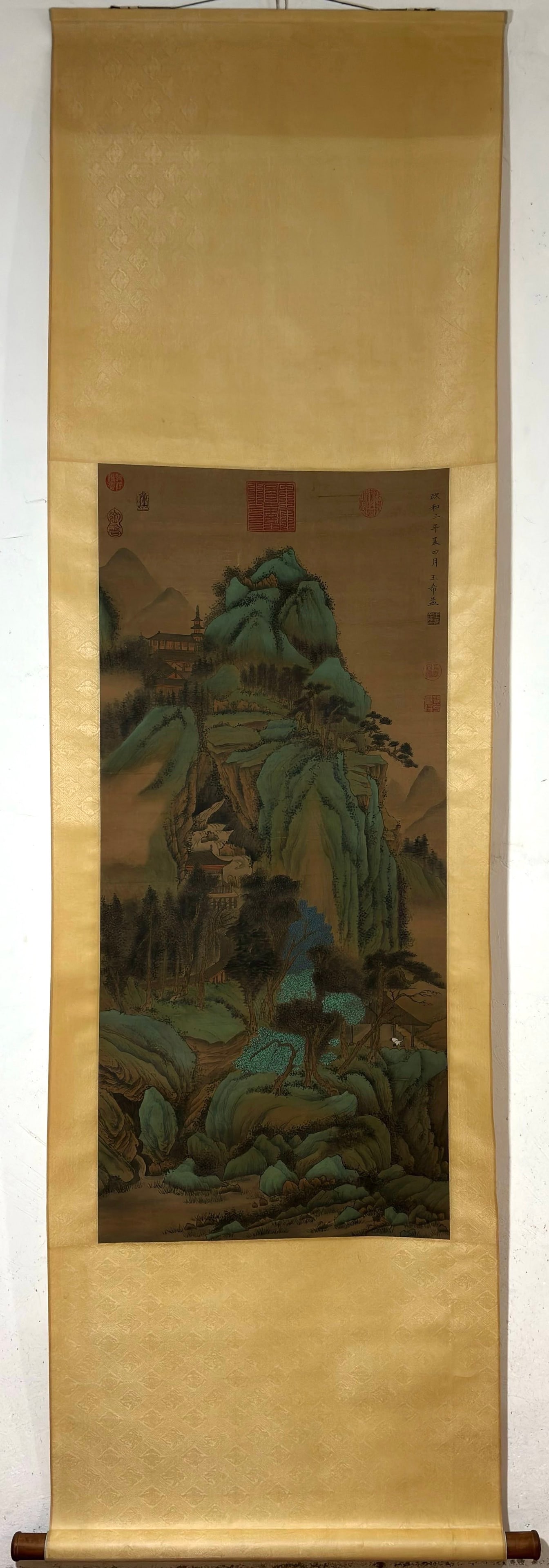 A Chinese Vertical Scroll Ink Painting of Landscape on Silk,Wang Ximeng: A Chinese Vertical Scroll Ink Painting of Landscape on Silk,Wang Ximeng,Size:(Without frame)43.5inx19.7in 
