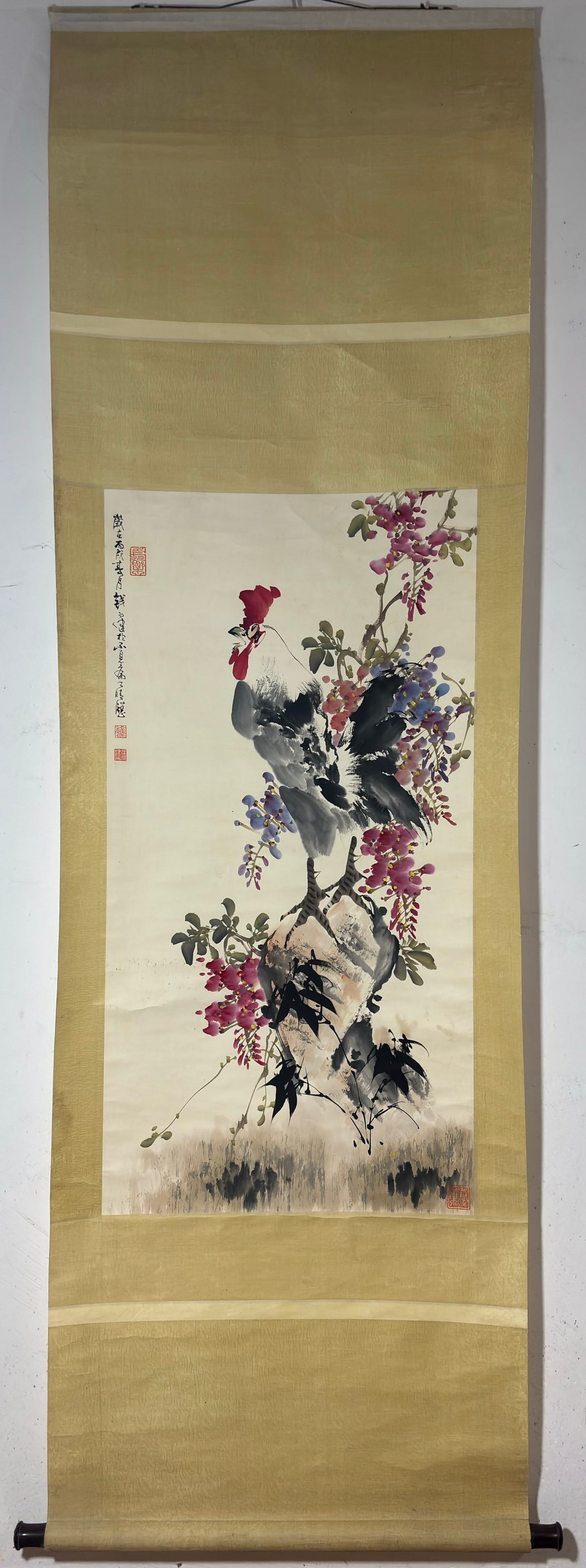 A Chinese Vertical Scroll Ink Painting of Flower and Rooster on Paper,Qian Xingjian (1 of 9)