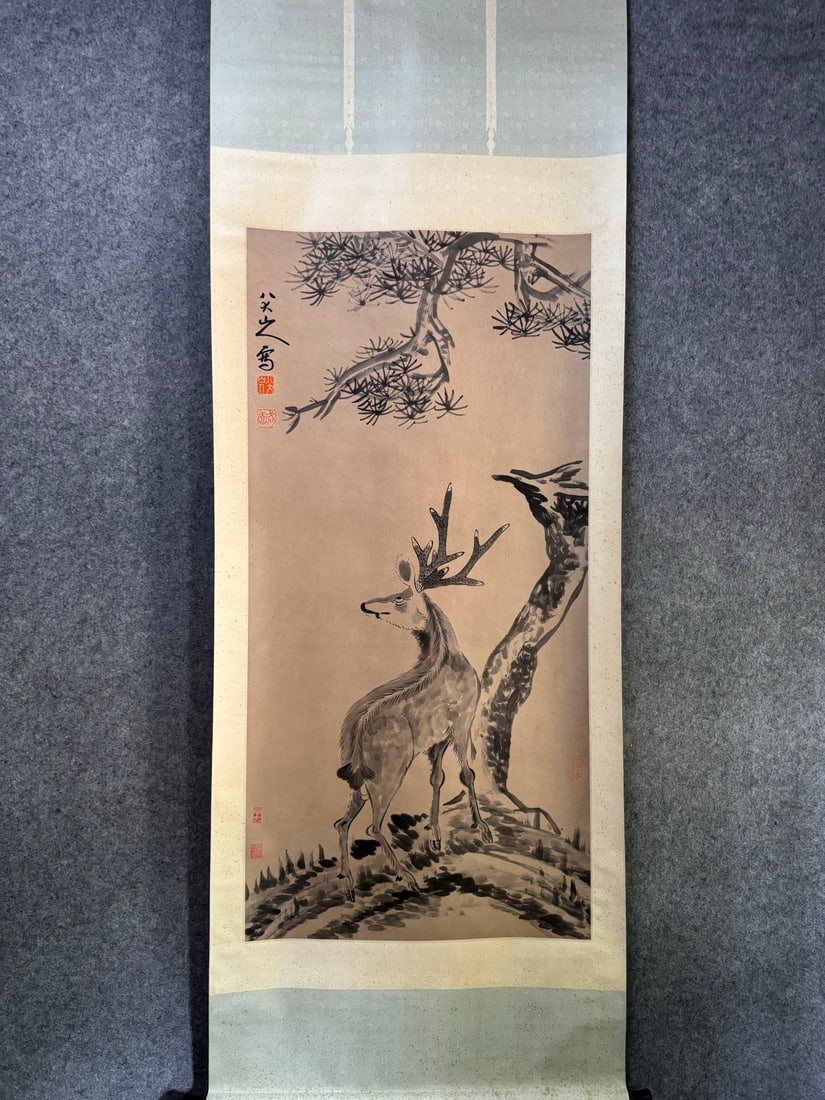 A Chinese Vertical Scroll Ink Painting of Pine and Deer on Paper,Bada Shanren: A Chinese Vertical Scroll Ink Painting of Pine and Deer on Paper,Bada Shanren,Size:(Without frame)26.6inx54.3in 