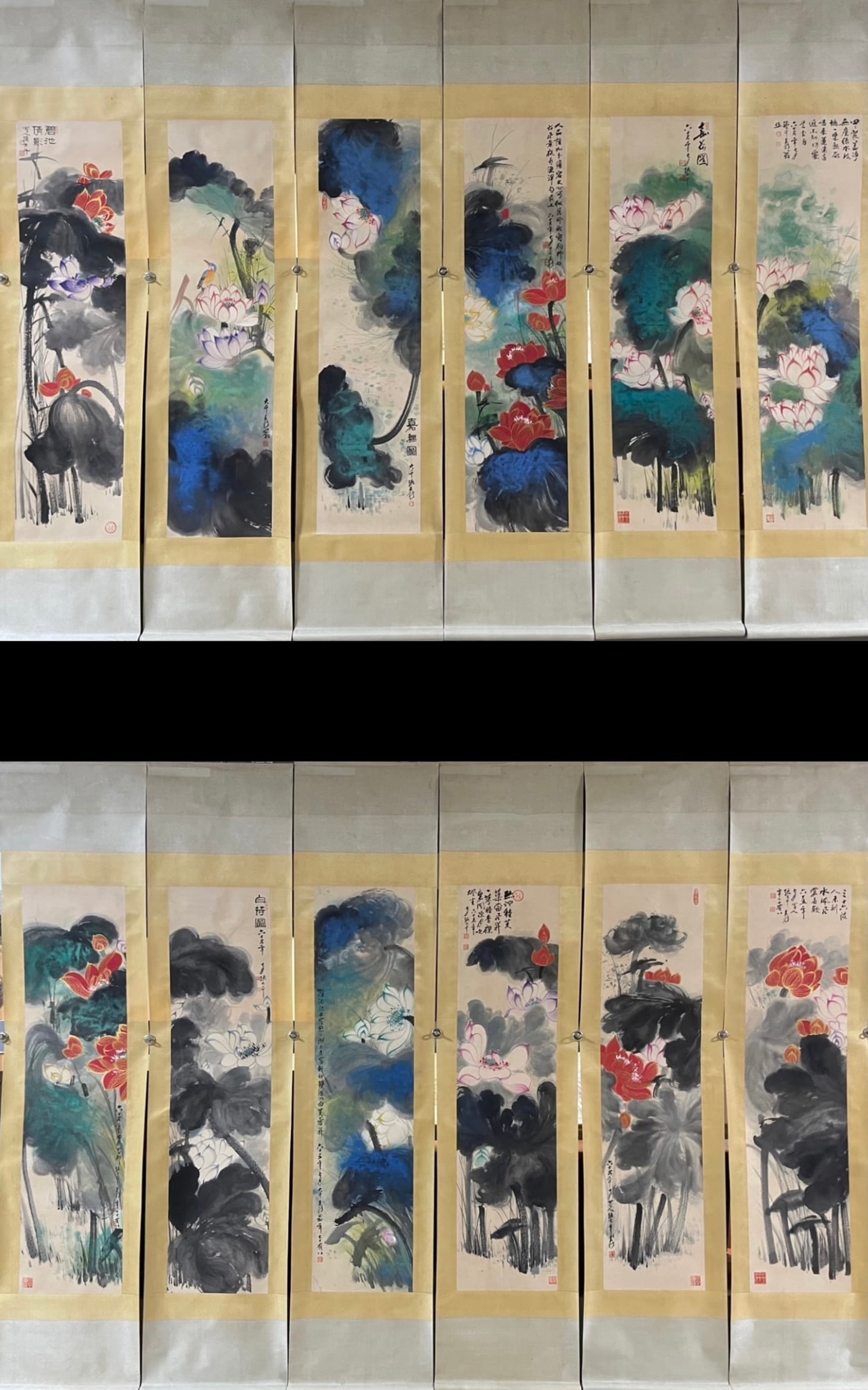 A Set of Fine Chinese Vertical Scroll Ink Painting of Lotus on Paper,Zhang Daqian: A Set of Fine Chinese Vertical Scroll Ink Painting of Lotus on Paper,Zhang Daqian,Size:13.4inx53.9in*12 一套中国水墨荷花图立轴,张