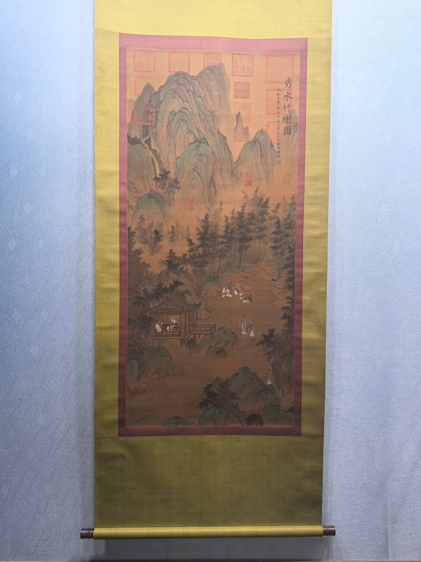 A Chinese Vertical Scroll Ink Painting of Landscape and Figure on Silk,Wang Xizhi: A Chinese Vertical Scroll Ink Painting of Landscape and Figure on Silk,Wang Xizhi,Size:(Without frame)25.2inx55.7in 